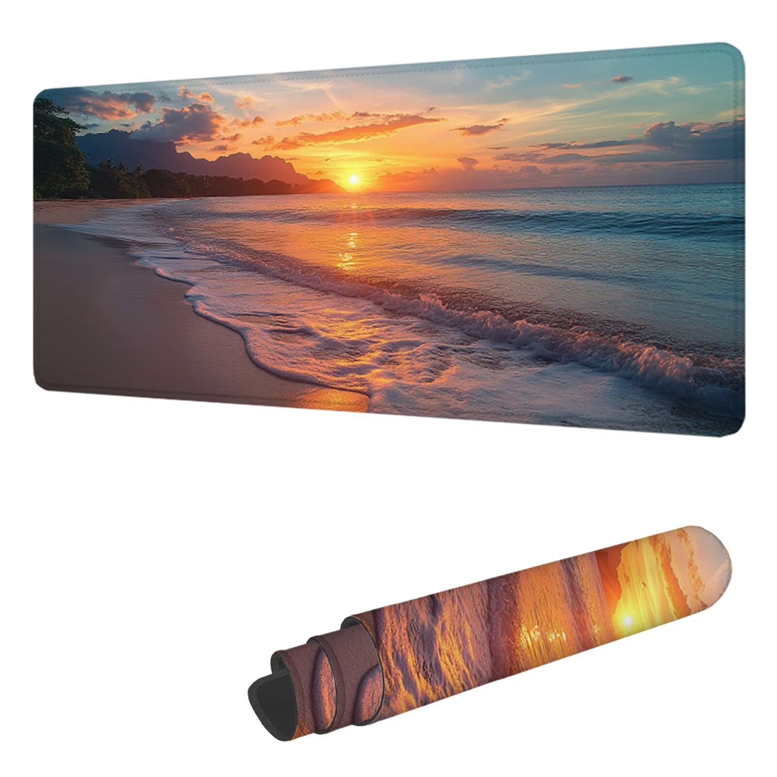Podkładka pod mysz plażową XXL 1600 x 800 mm duża podkładka pod mysz dla graczy krajobraz pod ręką biurko szyte krawędzie wodoodporna antypoślizgowa, do komputera, laptopa poprawia dokładność i
