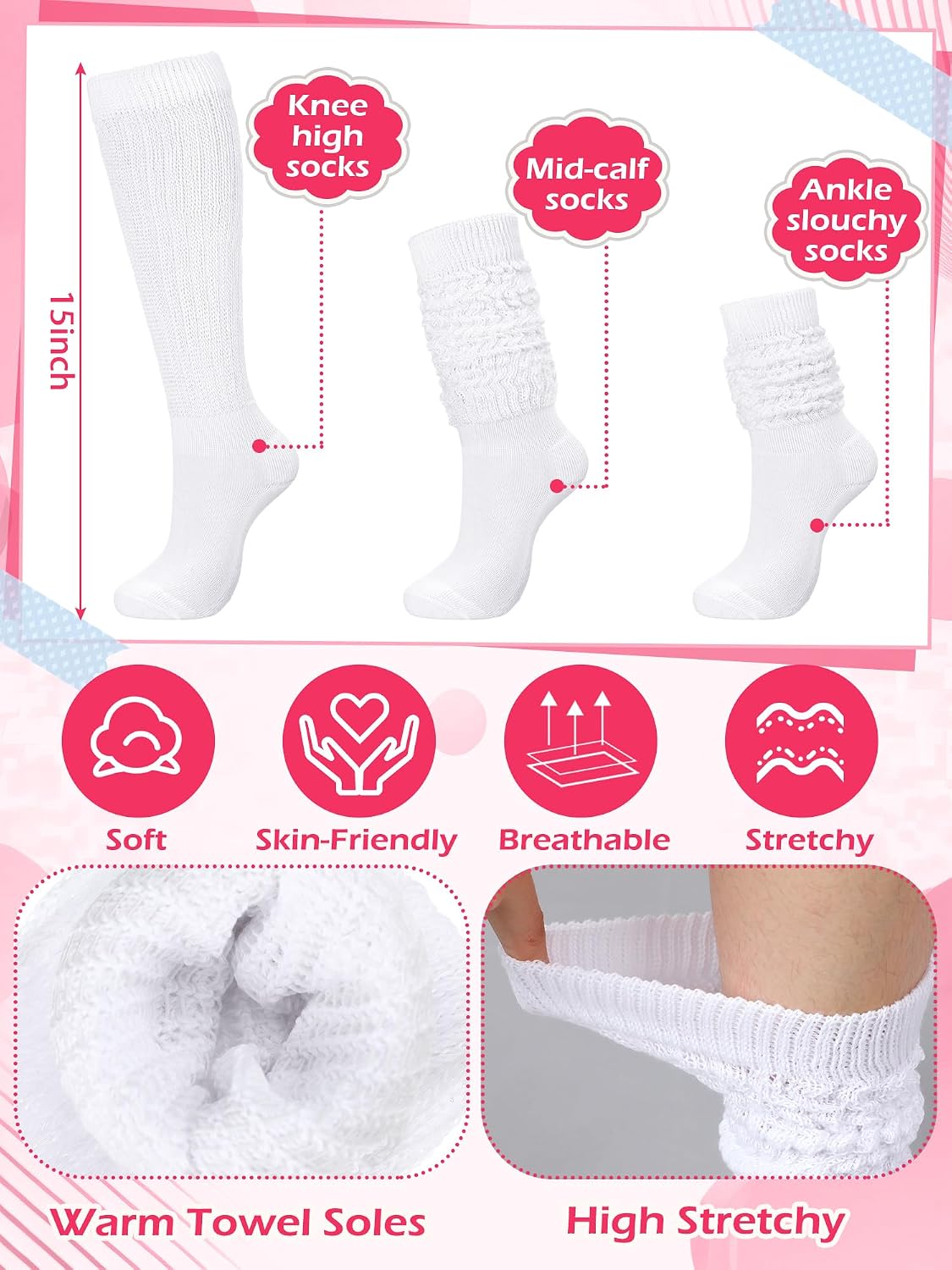 Janmercy 4 Pairs Slouch Socks for Women Bulk Boot Stacked 80s 90s Neon Slouch Knit Scrunchie Winter Warm Socks