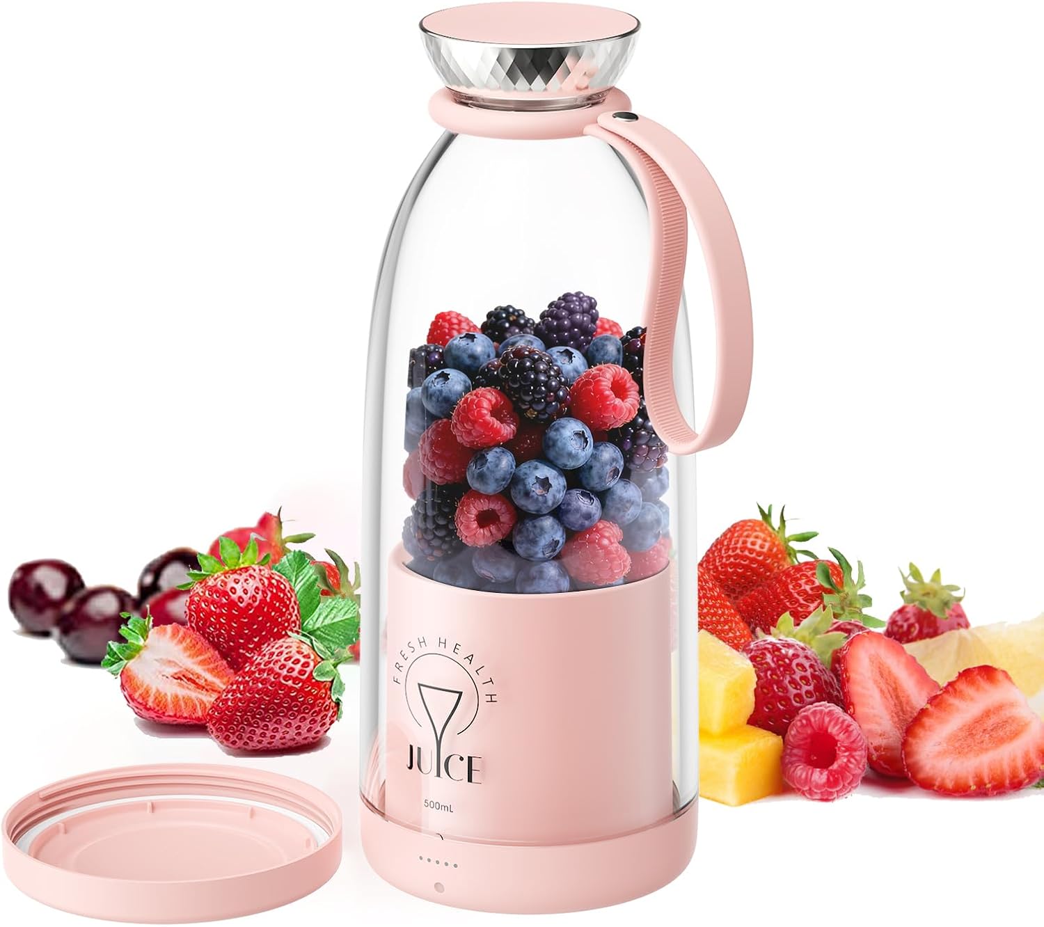 Blender portable, smoothie maker personnel avec 6 lames, mini gobelet rechargeable, 17 oz avec couvercle de voyage pour l'extérieur, camping, bureau, cuisine (rose)
