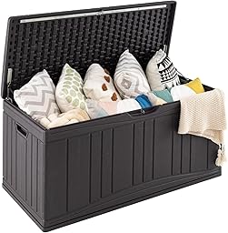 COSTWAY Baule da Esterno 300L Impermeabile in Resina, Cassapanca Contenitore da Esterno con Pistoni a Gas, Predisposizione per Serratura e 2 Maniglie Laterali, Resistente, 114 x 55 x 61 cm (Marrone)