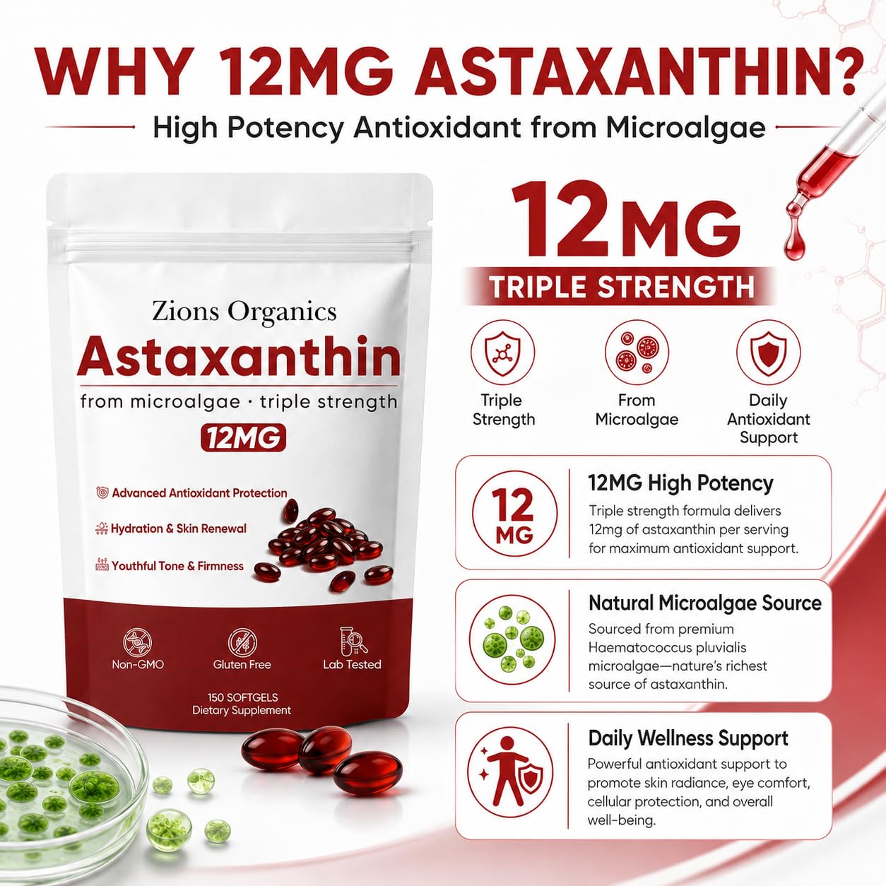 Zions Organics Astaxanthin 12mg Softgels - Premium Astaxanthin Antioxidant Supplements, Triple Strength, Non-GMO, Gluten Free, No Soy, 200 Softgels — Amazon image 3