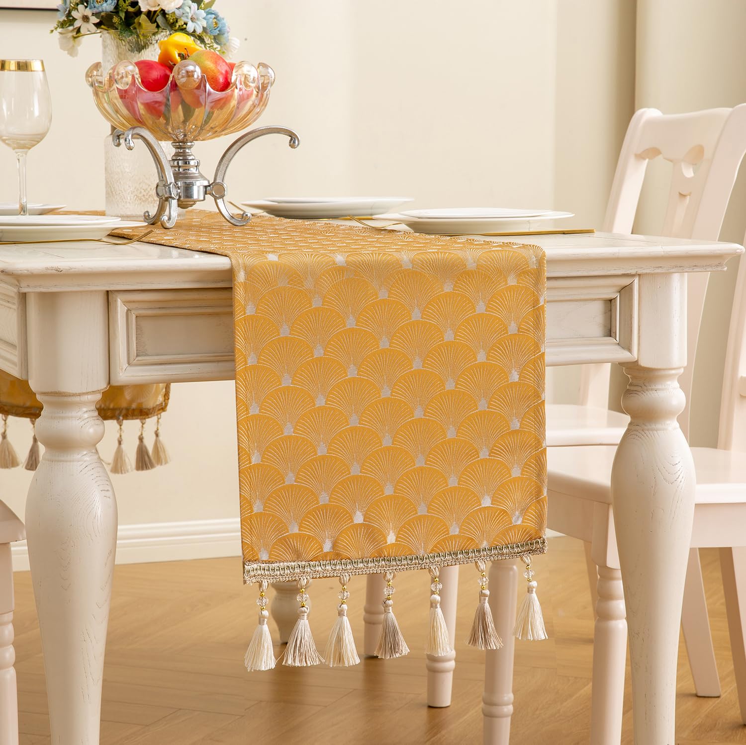 Mayler Yee Table Runner, Vintage Luxury Embroidered Floral Jacquard Damask Fabric with Multi-Tassels for Living Room Dresser Scarfs (Gold, 13x108inch)