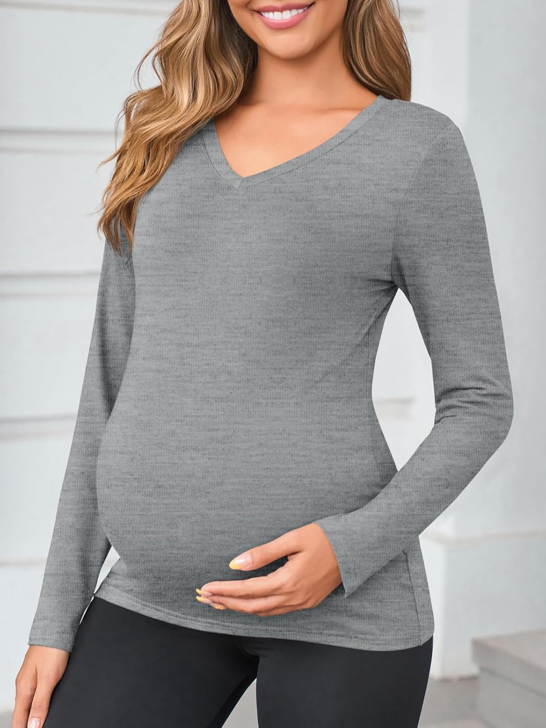 Yousify Womens Maternity Tops V Neck Long Sleeve Fitted Tunic Shirts Casual Basic Tees Mama Pregnancy Clothes - Image 2