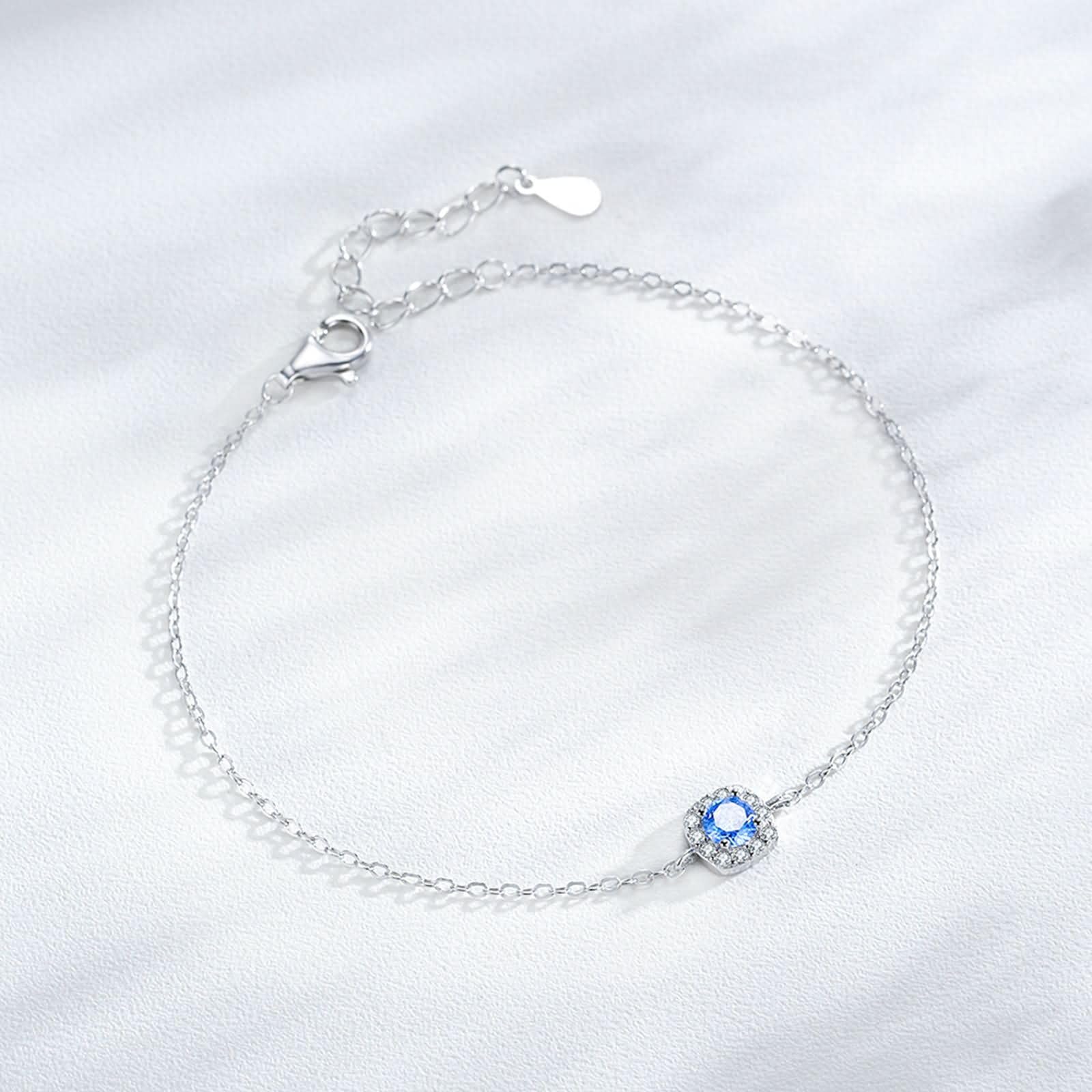 Donna Bracciale Oro Bianco 9 Carati / 14 Carati / 18 Carati, Quadrato e Rotondo con Topazio e Diamante, Regolabile 16 CM + 5 CM, Bracciale Catena Donna Blu Argento