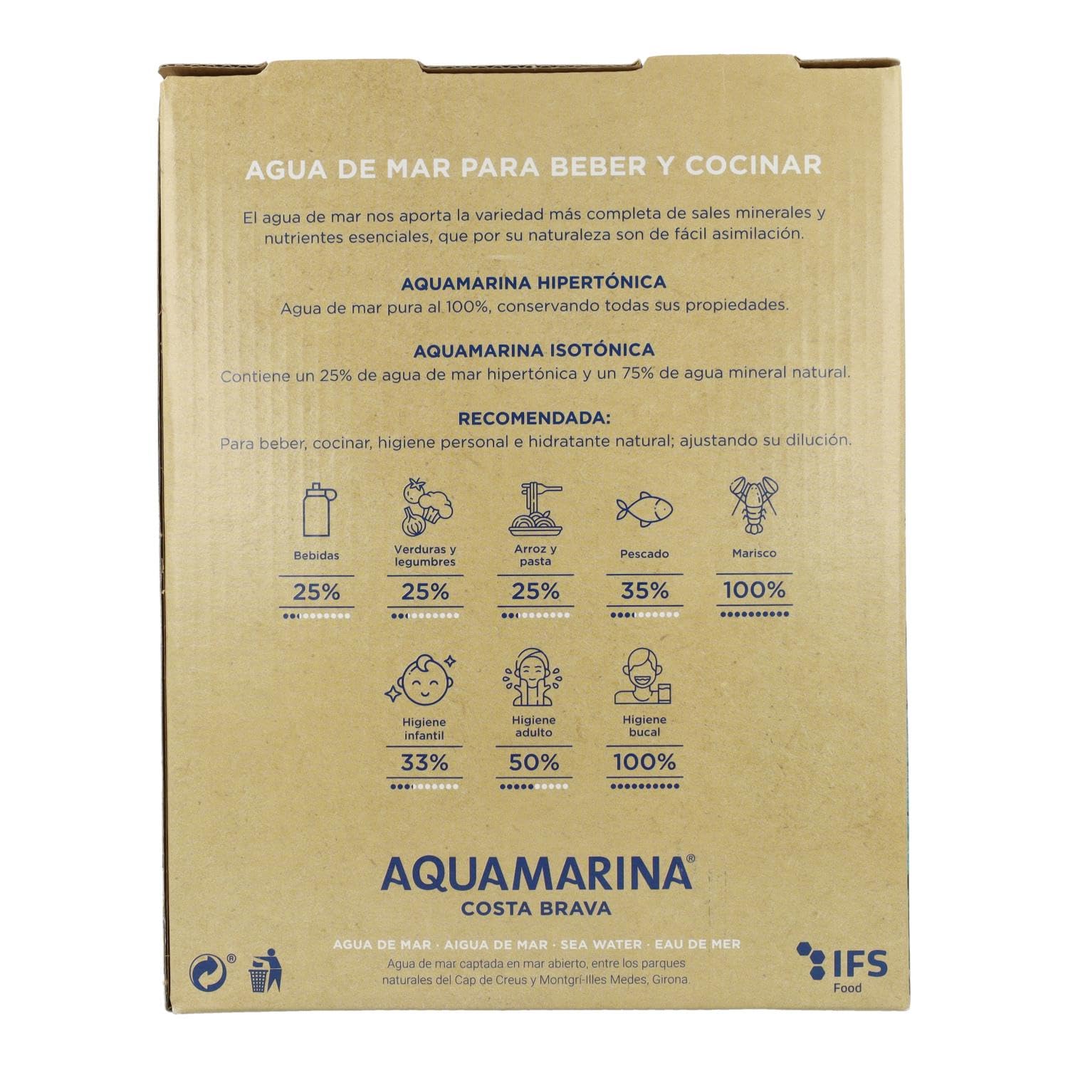 AQUAMARINA Costa Brava - Bag In Box - Isotonisches Meerwasser - Mikrofiltriert und ohne Zusatzstoffe, enthält mehr als 75 Mineralien und Spurenelemente, Remineralisierung. (3 Liter Isotonisch)