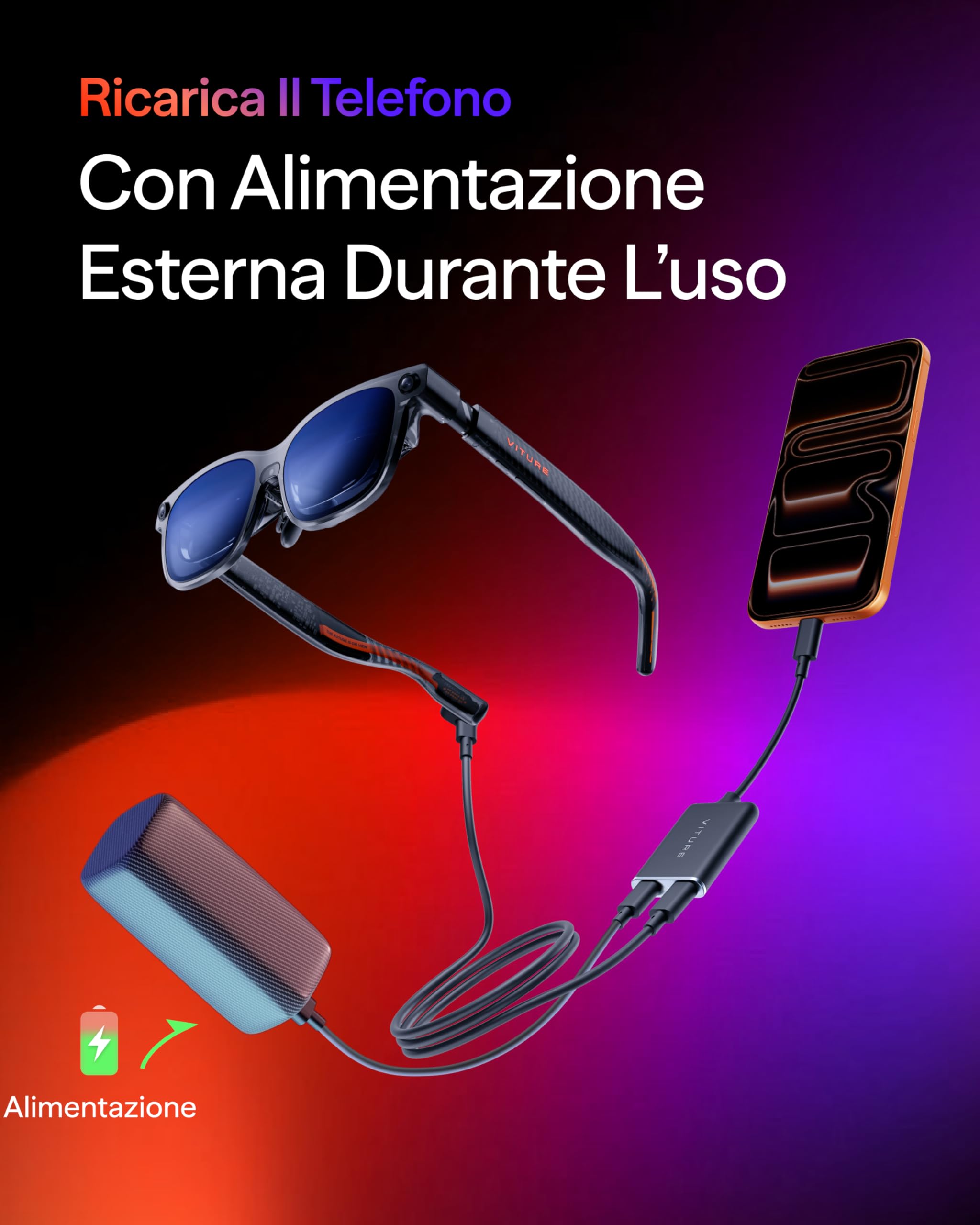 VITURE Adattatore da USB-C a occhiali e ricarica, ricarica e riproduzione, interruttore, Steam Deck