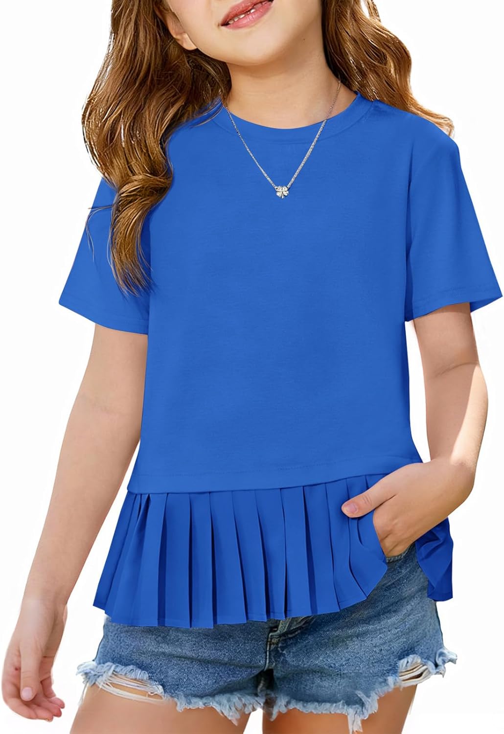 Haloumoning Girls Short Sleeve Shirts Kids Cute Pleated Hem T-Shirts Summer Fashion Tops Tees 5-14 Years