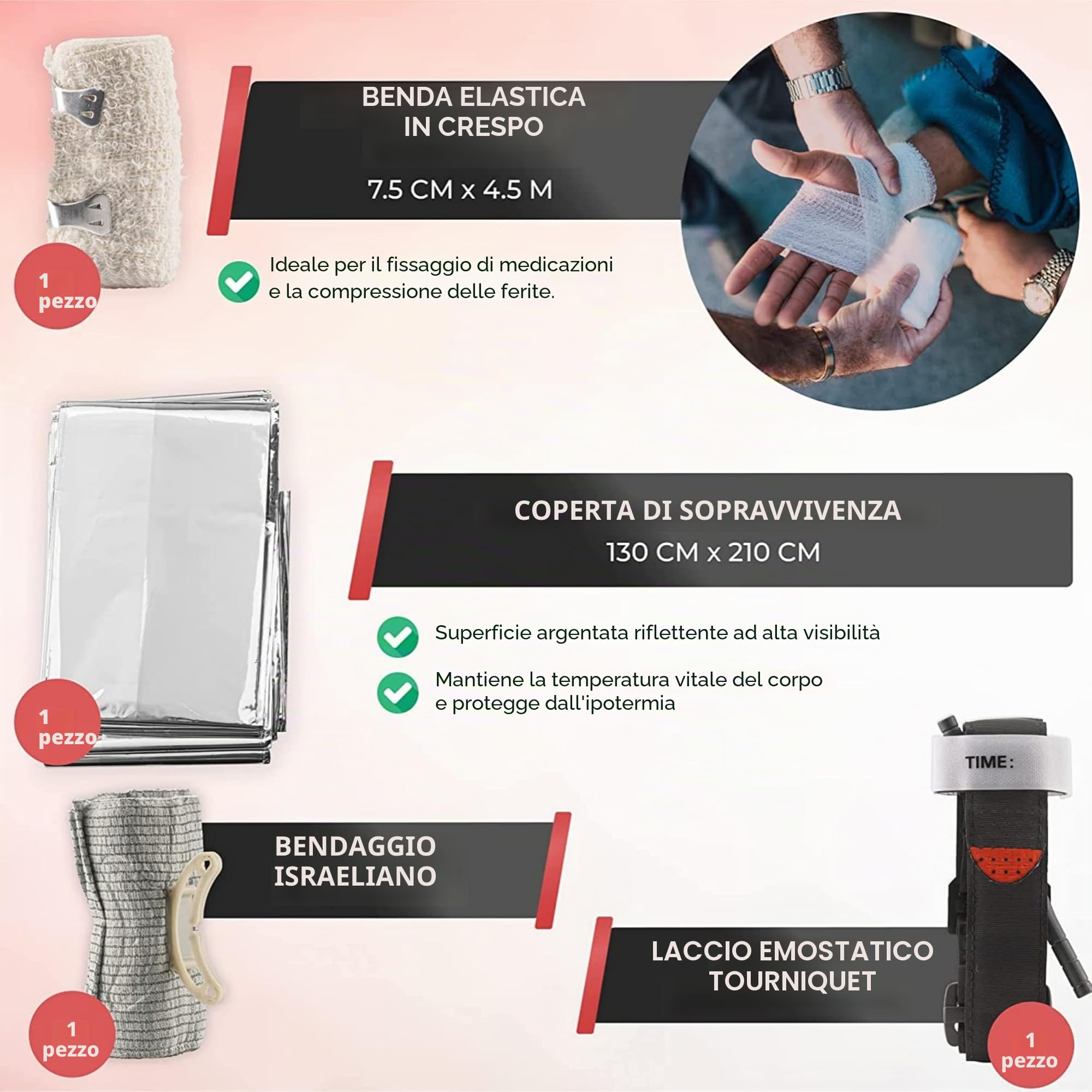 Laccio Emostatico Tourniquet - Attrezzatura Medica Professionale di Primo Soccorso - Kit di Pronto Soccorso Completo - Attrezzatura Militare - Bende/Forbici/Coperta di Sopravvivenza