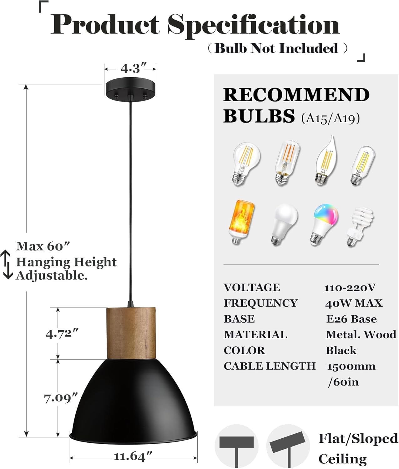 ELYONA Solid Wood Metal Pendant Light Fixtures, Industrial Hanging Lamp, Adjustable Length, 11.6" Modern Farmhouse Bar Pendant Lighting for Kitchen Island,Dining Room,Living Room, Black & Brown