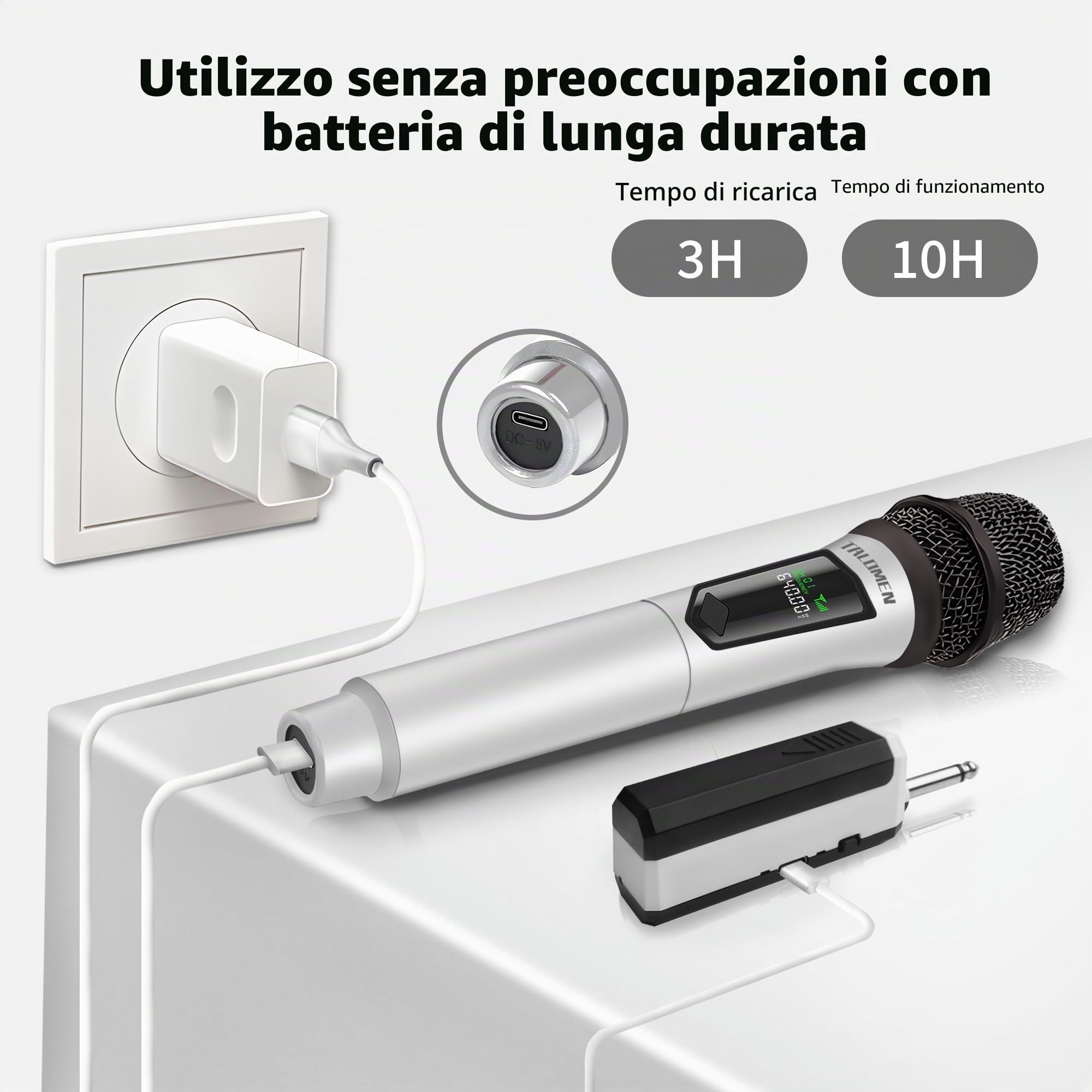 Talomen Microfono Wireless,Microphone Portatile a 2.4 GHz,Microfoni karaoke professionale,Sistema di microfoni dinamici con Ricevitore Ricaricabile,kit 2 microfoni per Karaoke,Festa,Canto K601Argenteo