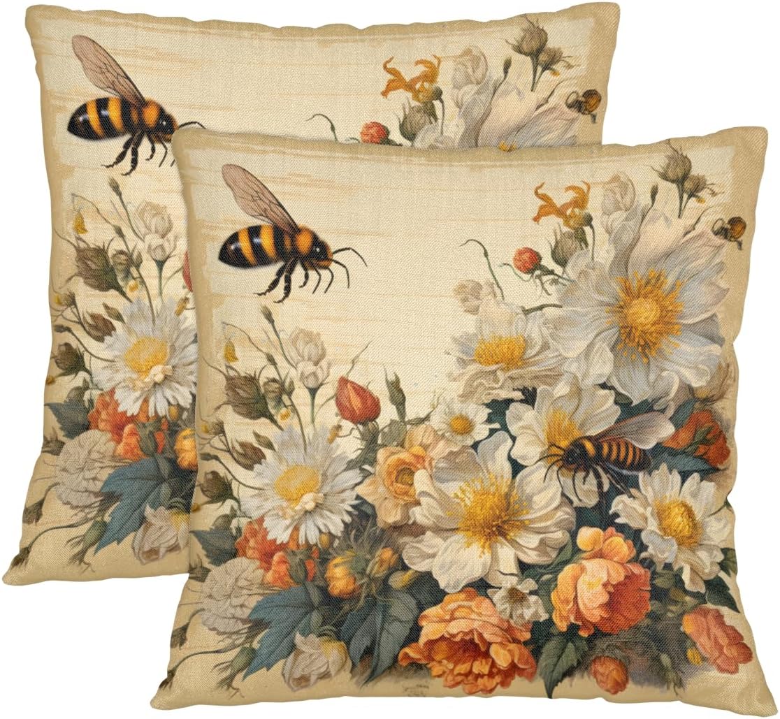 TULIMET Vintage Bee Wild Flower Floral Pillow Covers 18 x