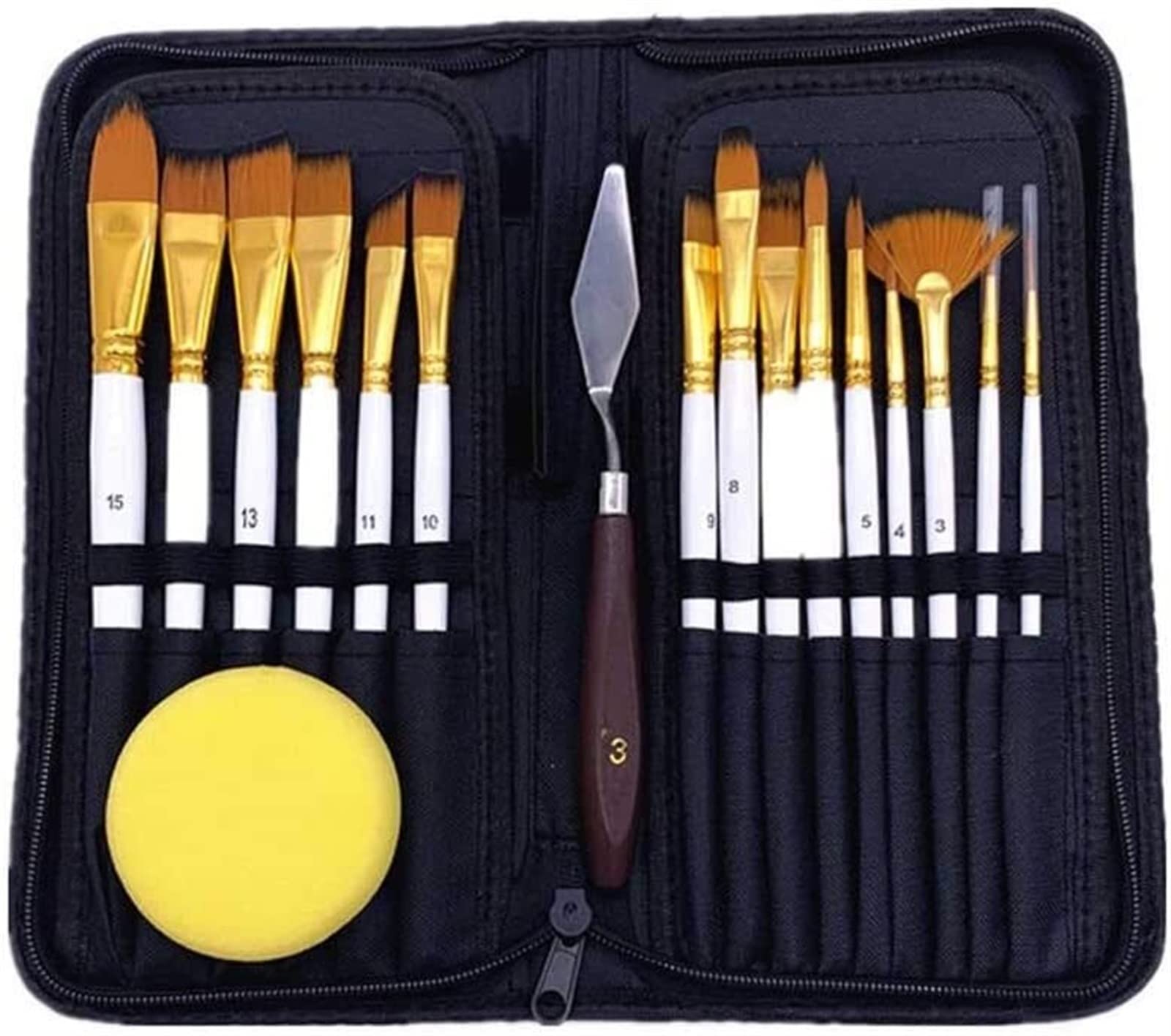 Ensemble De 15 Pinceaux d'artiste À Manches en Bois, Poils Naturels, avec Couteau À Peindre Et Éponge Offerts. Convient pour La Peinture Acrylique, À l'huile Et Au Corps.