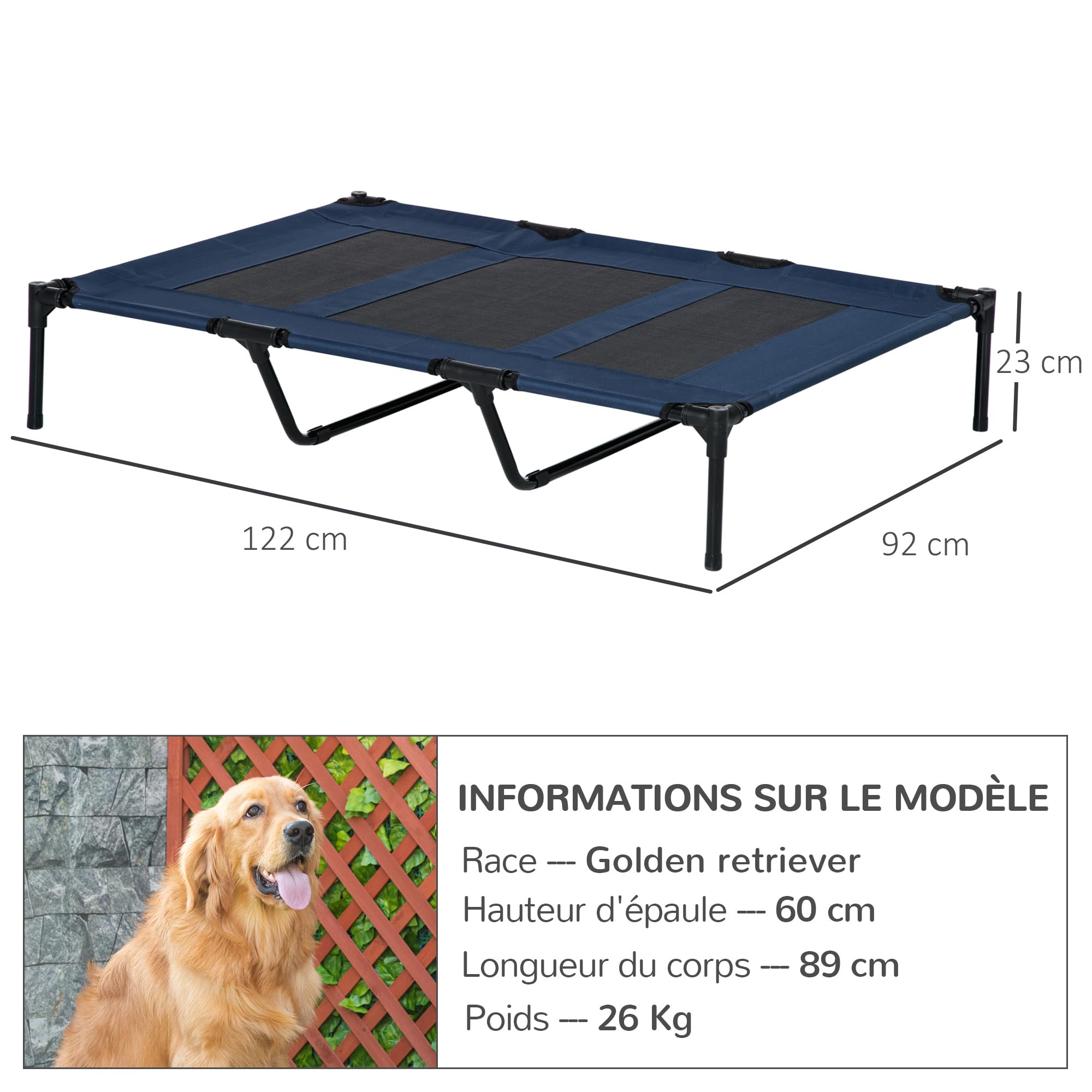 PawHut Lit sur Pieds XXL pour Chien Chat 122 x 92 x 23 cm Bleu foncé