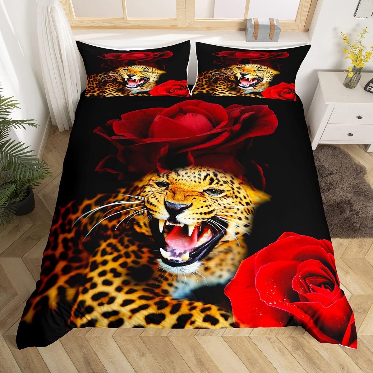 Leopard Bedding Set Adult Kids Red Rose Floral Duvet Cover