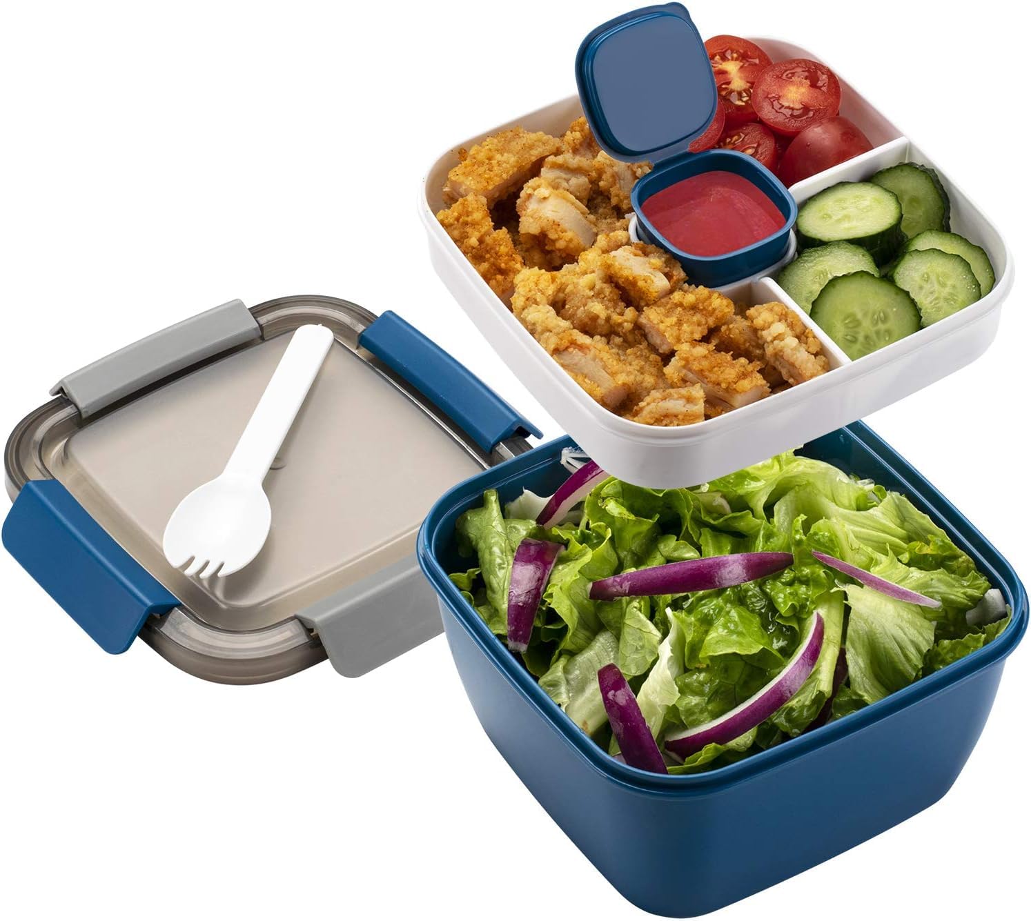 MINIMARG Salad Lunch Box – Large Salad Bowl with Lid, BPA-Free |3-Compartment Bento Box Microwave Safe – Yumbox Style Salad Bowl with Dressing Containers, Built-in Reusable Spoon (Blue, Small-1.1L)