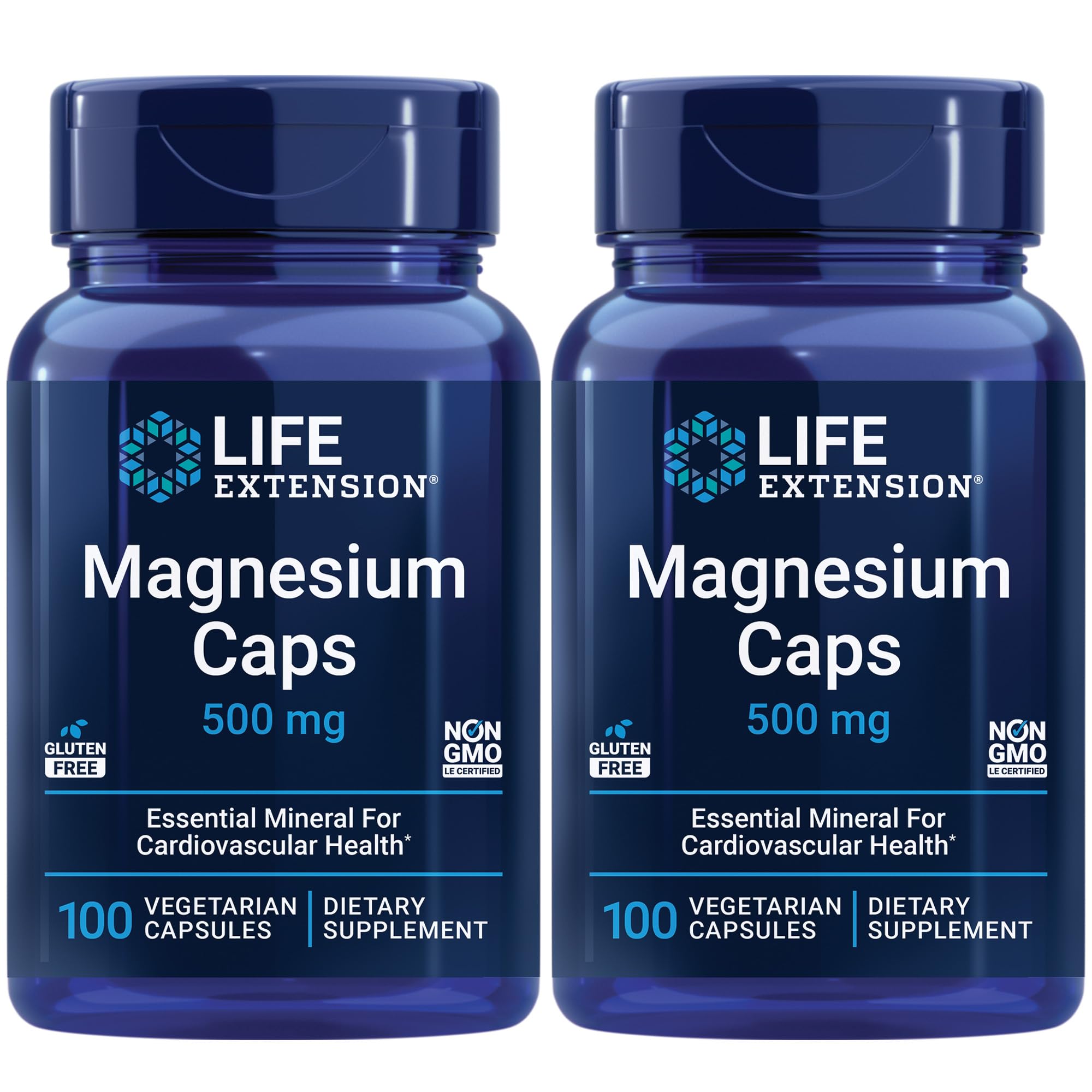 Life Extension Magnesium Caps, 500 mg, Magnesium Succinate, Heart Health, Healthy Bones, Metabolism Support - Pack of Two - 2 x 100 Vegetarian Capsules