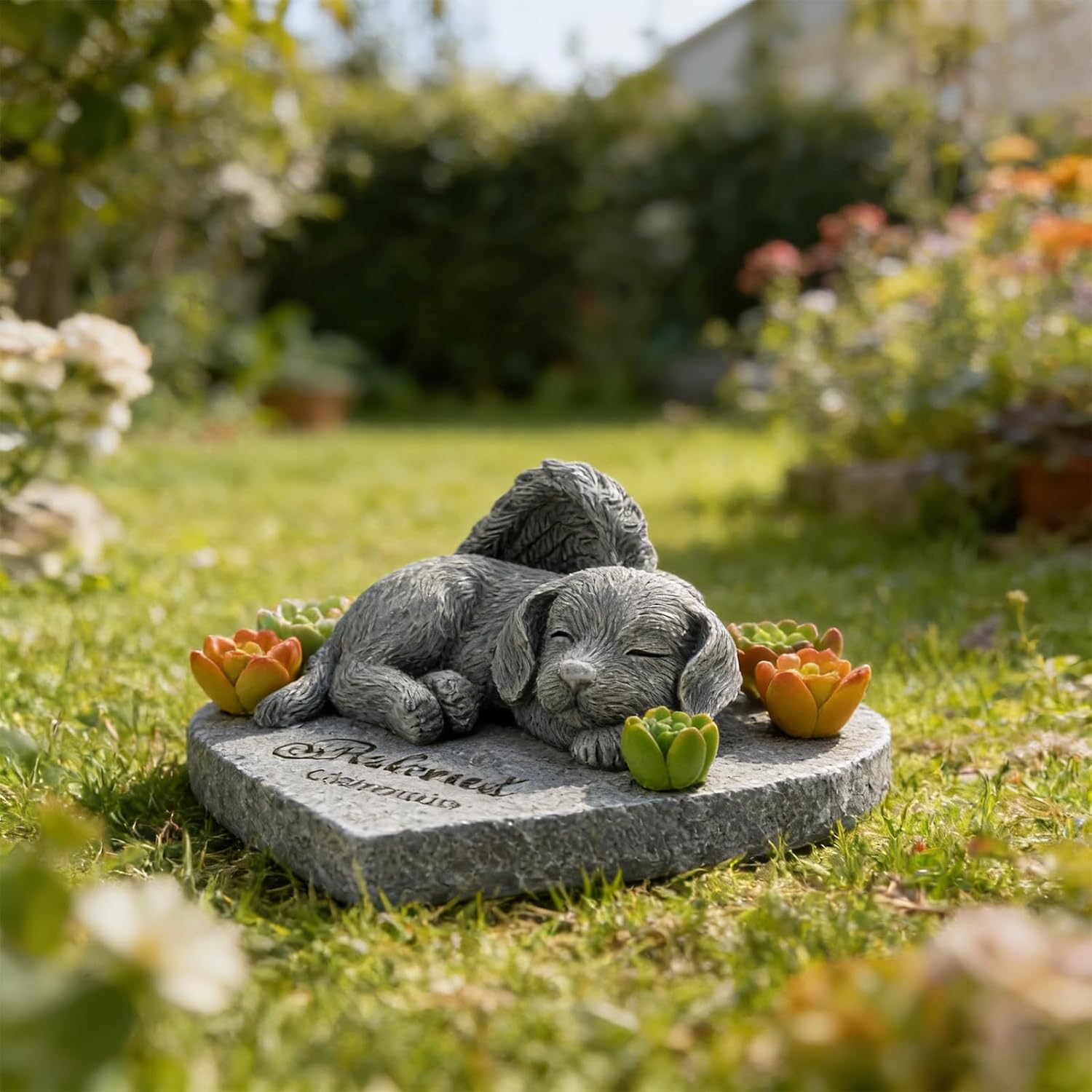 Dog Memorial Gifts 4.72Inch Pet Memorial Stone Sleeping Dog with Succulents Headstones for Dogs or Thoughtful Sympathy Gift