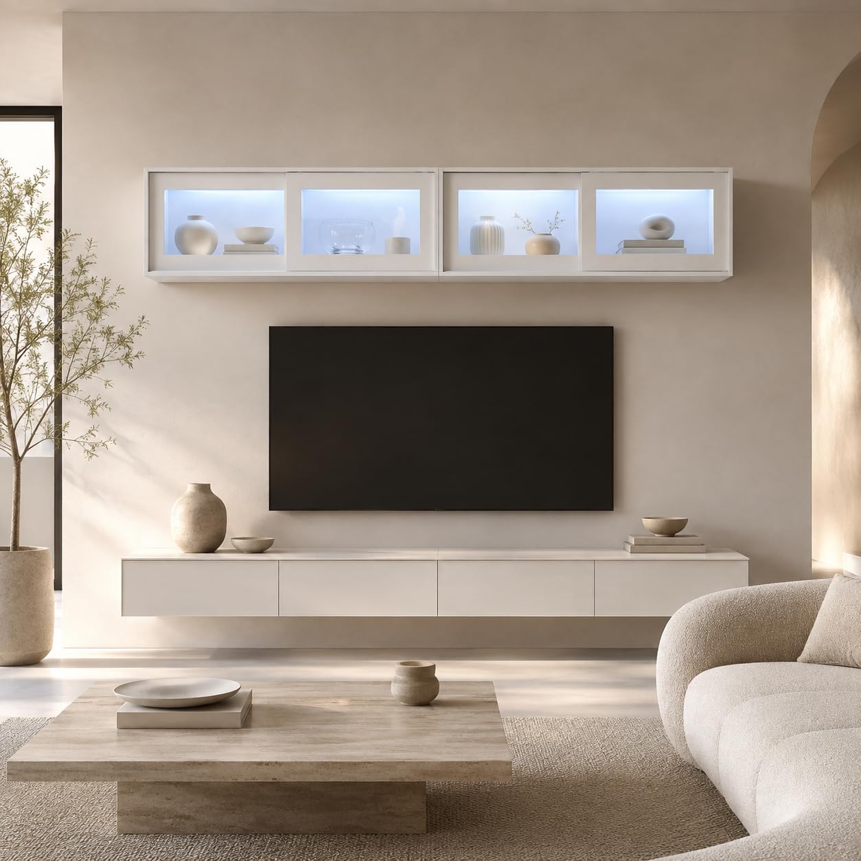 Vitrina de pared con LED y puertas de cristal, juego de 2, 100 × 40