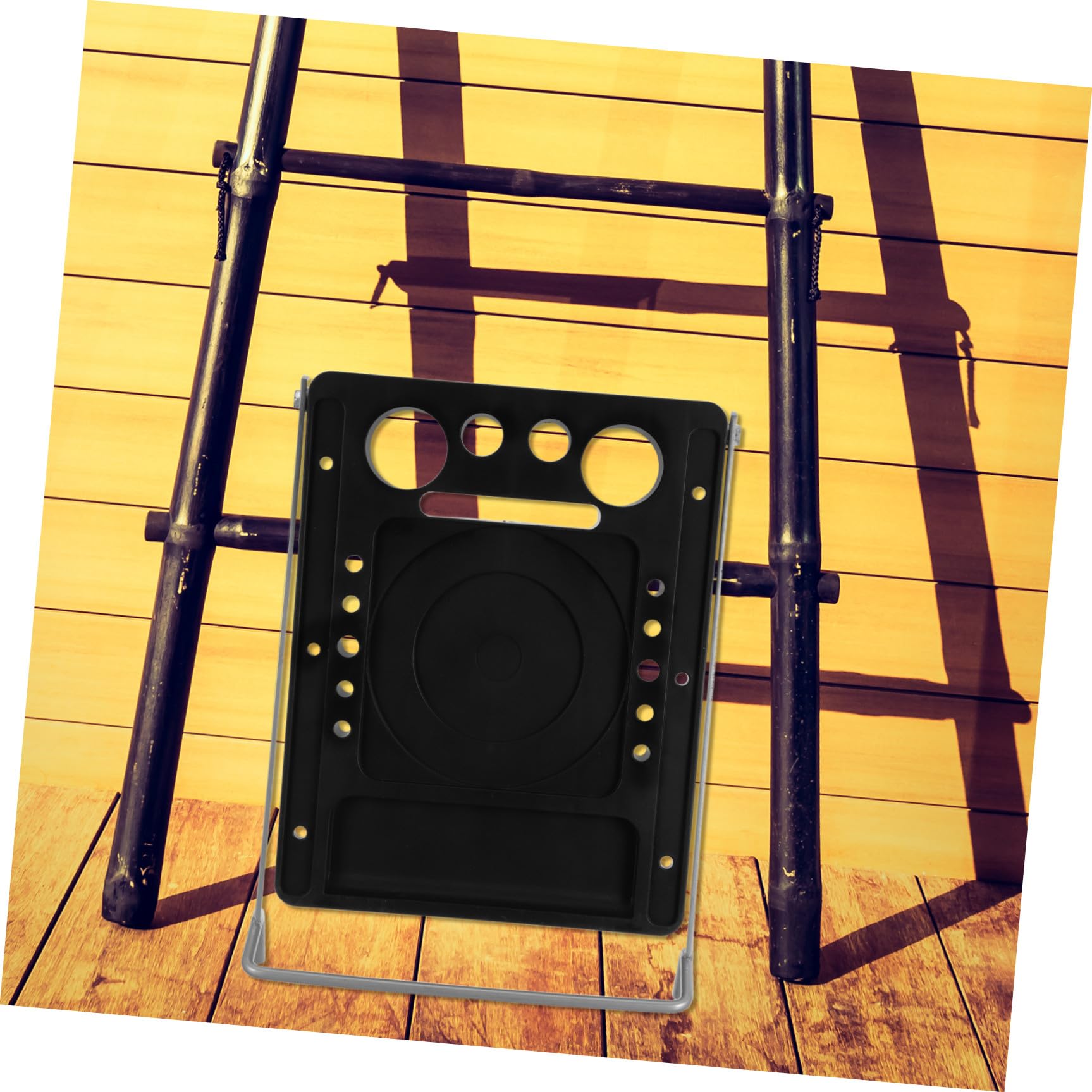 VILLCASE Portautensili Facile da Trasportare per Scala Pieghevole in Plastico e Ferro Nero Scanalature Multisize Antiscivolo, Ripiano Compatto per Riparazioni e Giardinaggio