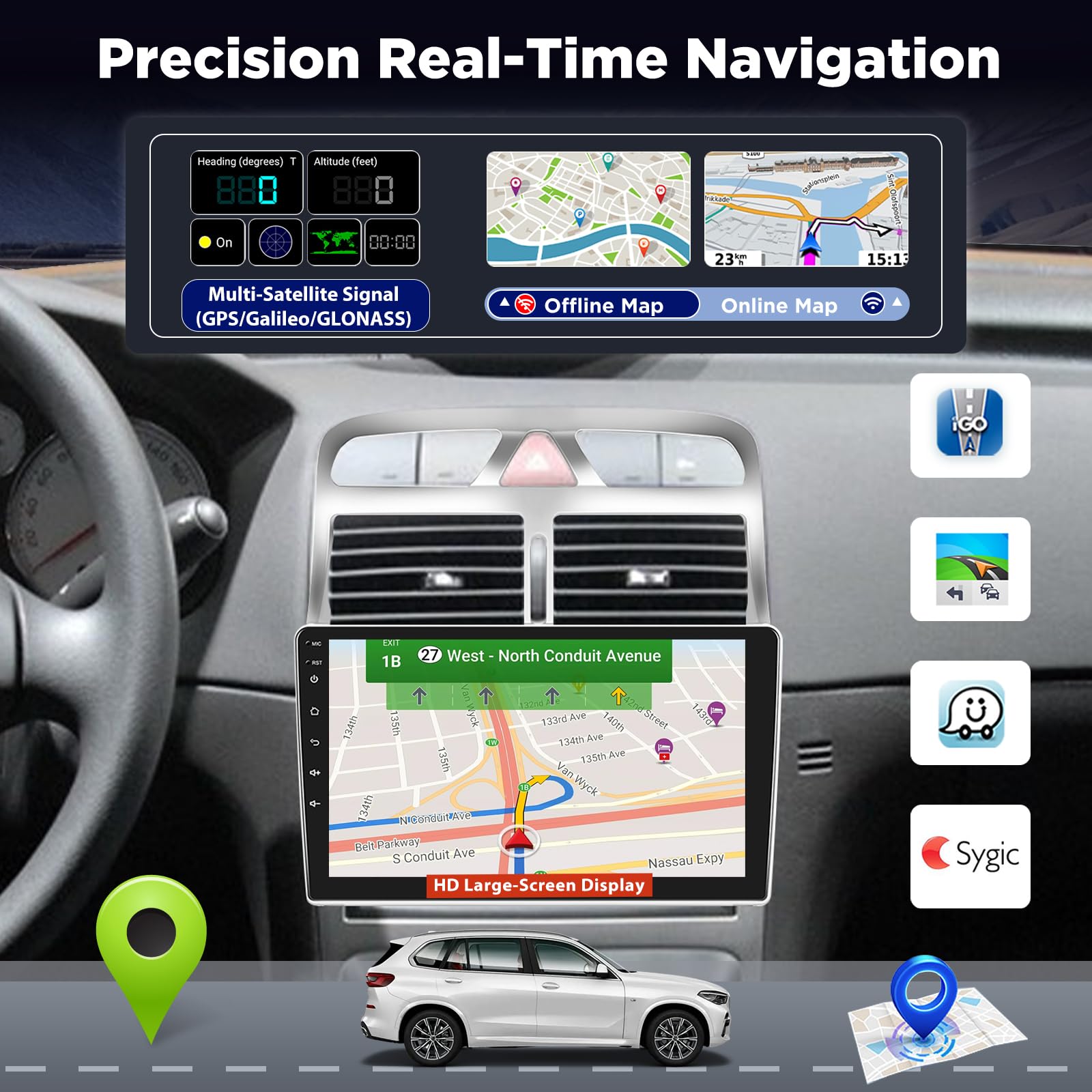 8 Núcleos 4+64 GB Radio Android para Peugeot 307 2002–2013, Pantalla táctil 9″ 1280×720 IPS con CarPlay & Android Auto inalámbrico, GPS WiFi DSP 32EQ + cámara AHD y micrófono Externo