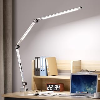 LED Schreibtischlampe dimmbar, 22W Klemmleuchte mit zwei Lichtquellen, stufenlose Helligkeit & Farbtemperatur, Memory- und Timerfunktion, Aluminium, Silber