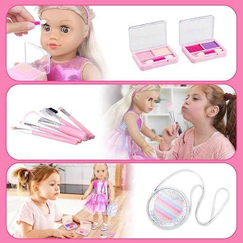 Vista 4 de ZITA ELEMENT Muñeca americana de 18 pulgadas, 14 piezas, accesorios de maquillaje con vestido para muñeca de generación, juego de belleza y ropa