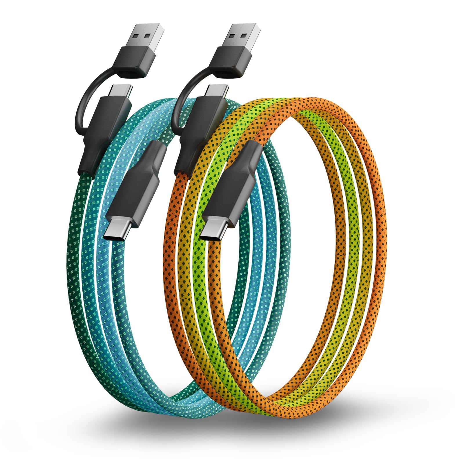 Travel Depot Confezione da 2 cavi di ricarica multipli in nylon intrecciato Ombre corto 0,9 m 2 in 1 cavo di ricarica USB con connettori USB di tipo C/per telefono/Galaxy S20/S10S9/S8/S7 e altri