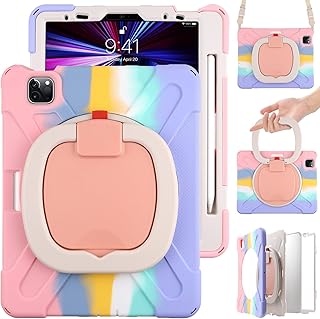 MEEgoodo for iPad Air Case 4th/5th Generation 10.9 inch 2020 2022/iPad Pro M2 11 inch Case for Kids 4th/3rd/2nd/1st Gen 2022 2021 2020 2018 with Pencil Holder & Stand & Strap Shockproof, Colorful Pink