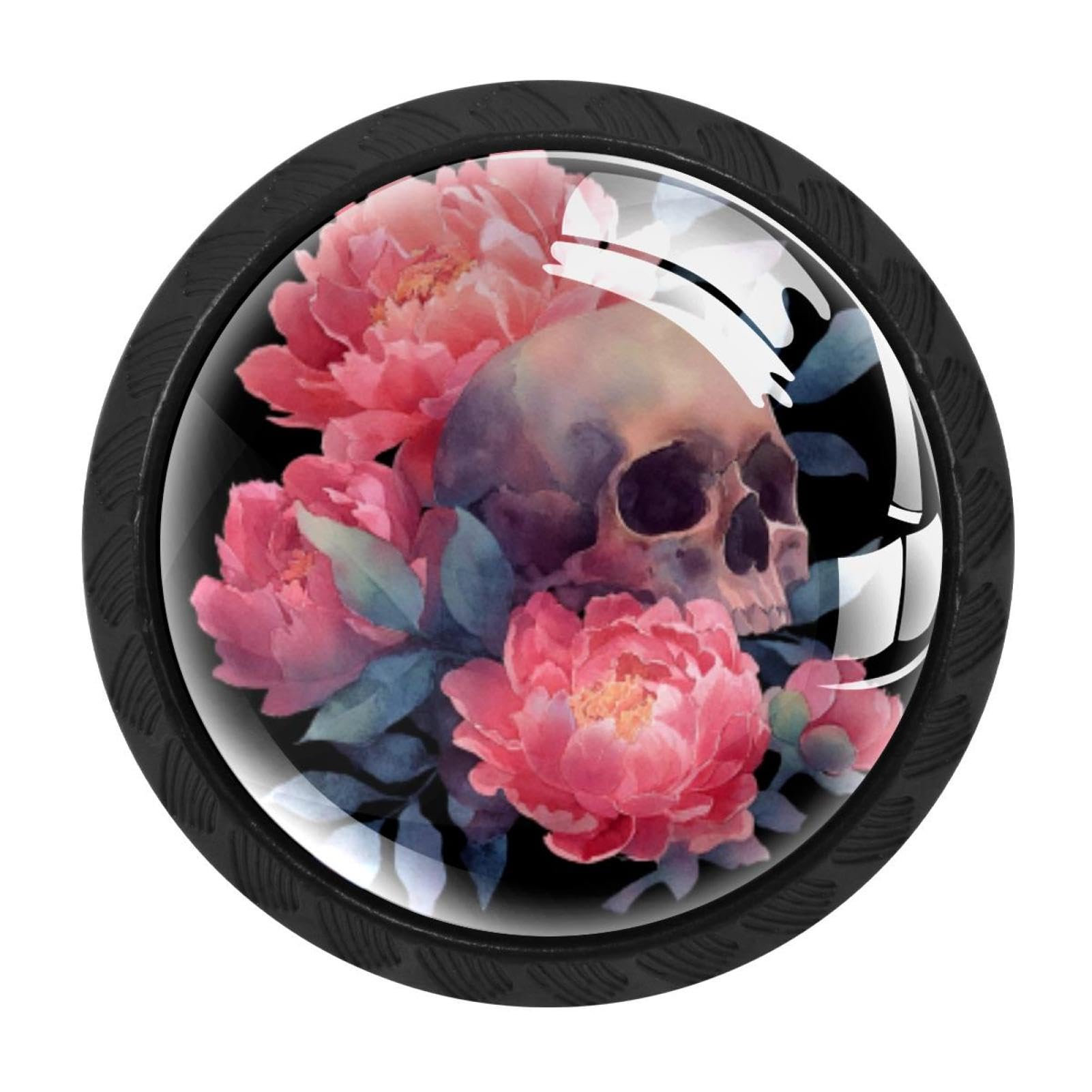 CHENZZZZ 4 Pieces Kitchen Cabinet Knobs Watercolor Skull and Peonies Flowers (9) Drawer Knobs Dresser Knobs Drawer Pulls Door Knobs Dresser Drawer Handles Knobs for Dresser Drawers