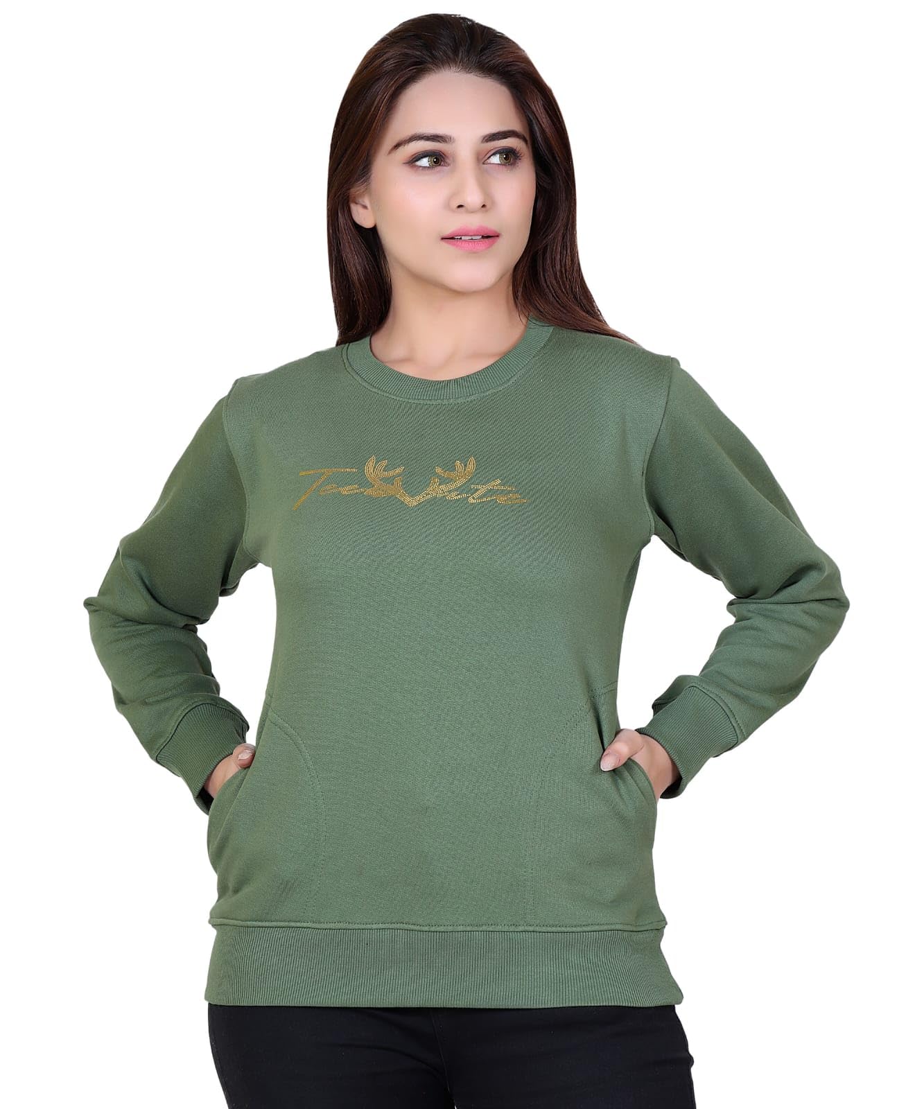 hold Women's Sage Green Sweatshirt with Gold Embroidery, Long Sleeve Crew Neck, Blend, Casual Wear-picture-14