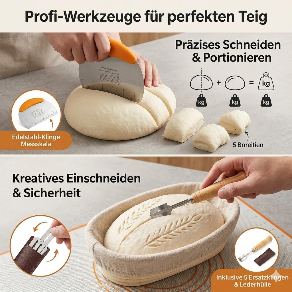 Sauerteig Starter Set 15-Teiliges Profi Brotbackset inkl. Gärkörbchen Rund & Oval, Gärglas mit Thermometer & Rezeptbuch – Das ultimative Sauerteig Starter Set für Krustenzauber Brot - GROWZELT