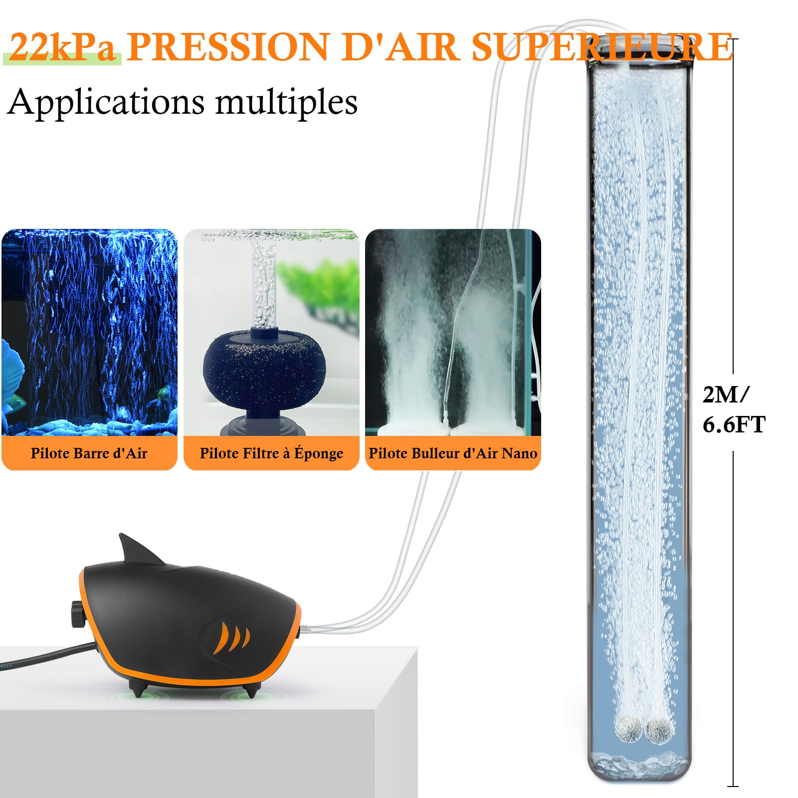 Pompe à Air Puissante pour Aquarium 420L/H, 4W Pompe à Oxygène Silencieux à 2 Sorties Métalliques avec Lumière LED, Pompe à Air Réglable pour Aquarium,pour Réservoir 30-600L