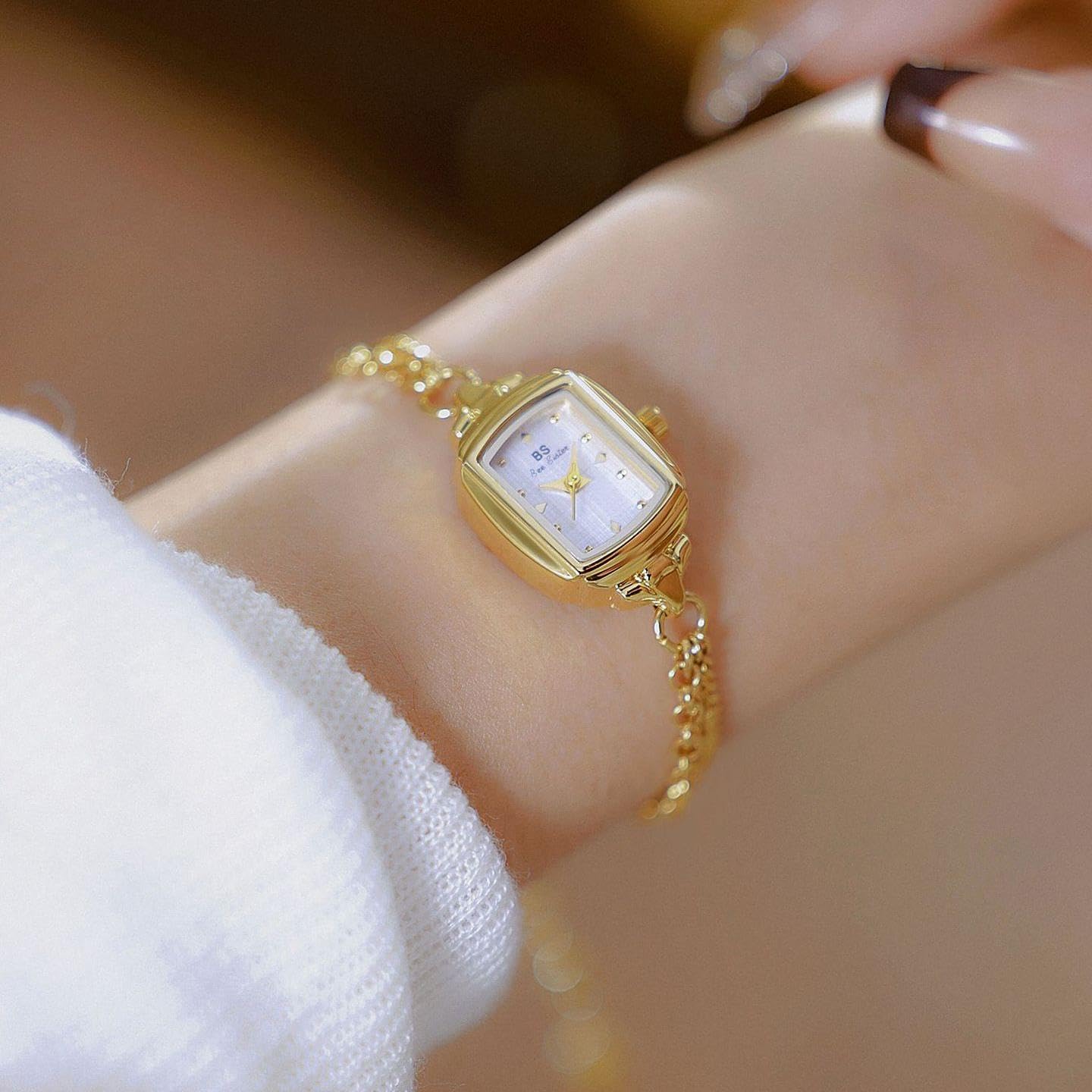 Womens Dainty Silver Gold Silver Rectangle Pearl Dial Tassel Chain Ultra Thin Waterproof Quartz Watch Ladies Dress Casual Elegant Analog Wristwatch Bracelet - Image 4