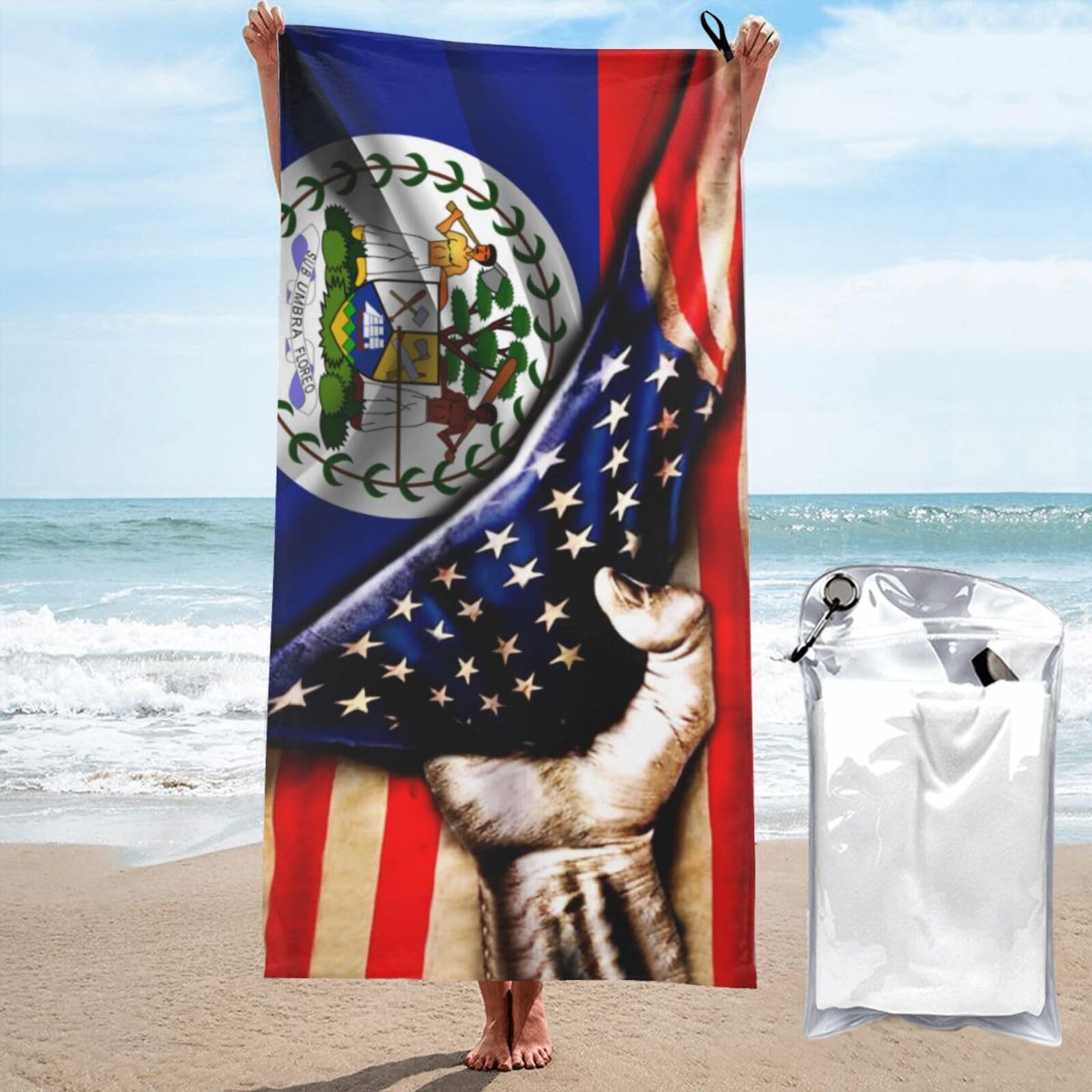 HACXZ Microfiber Beach Towel America Flag and Belize Belizean Flag Large Camping Towel Bathroom Beach Towels