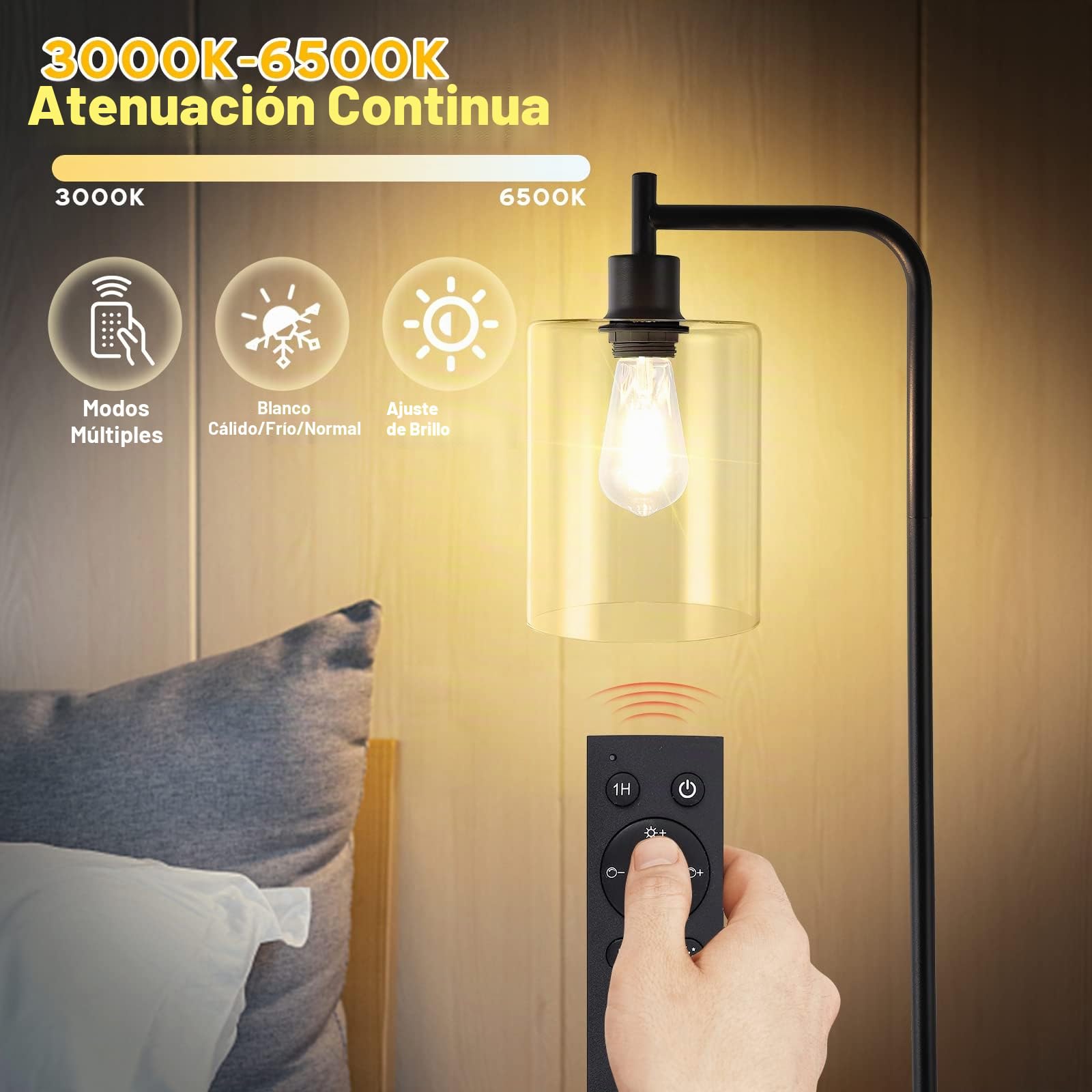 Lampara de Pie Salon Negro,Lámpara de Pie Industrial Regulable con Pantalla de Cristal Transparente,Mando a Distancia y Control de Pie, Lámpara LED Proporciona 800 lm de Luz Blanca (2700K-6500K)