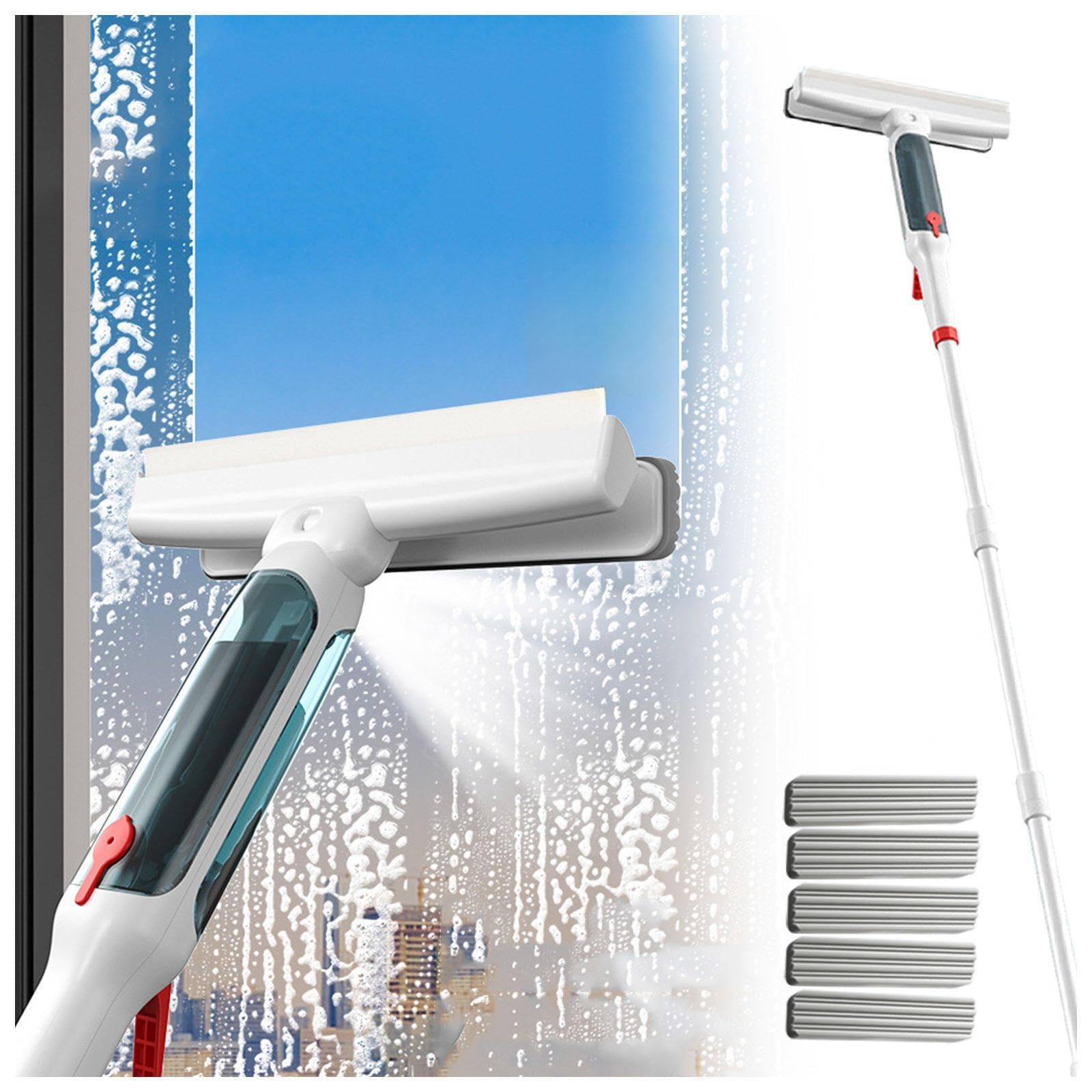 RRRYYYZZ 75'' Spray Window Squeegee with Extension Pole with 4-Section Extension Pole, 4 in 1 Window Cleaner Squeegee Windshield Cleaner Tool with Sewage Collector and 5 Pads