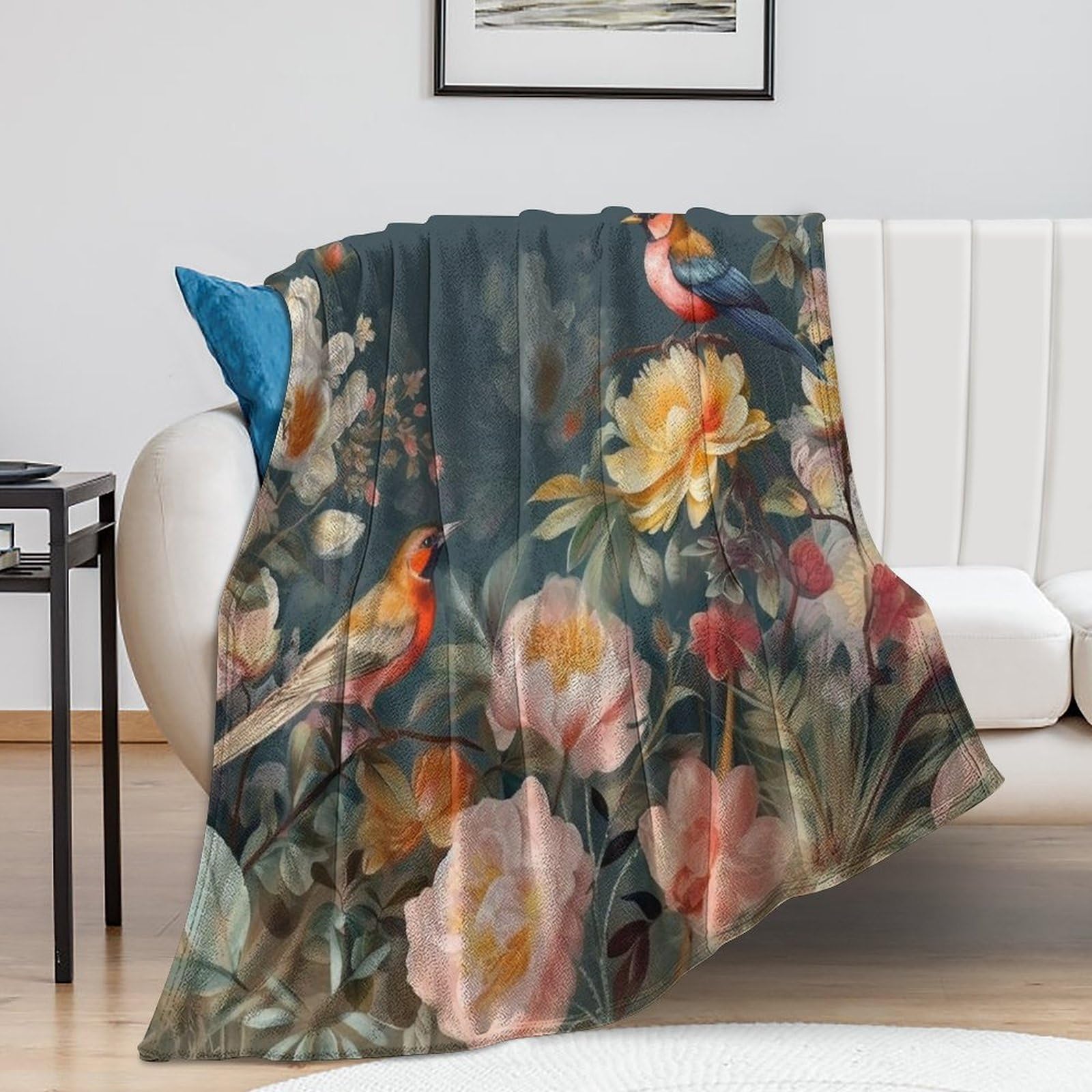Couverture de lit en peluche douce 150x203 plaid chaud fleurs oiseaux