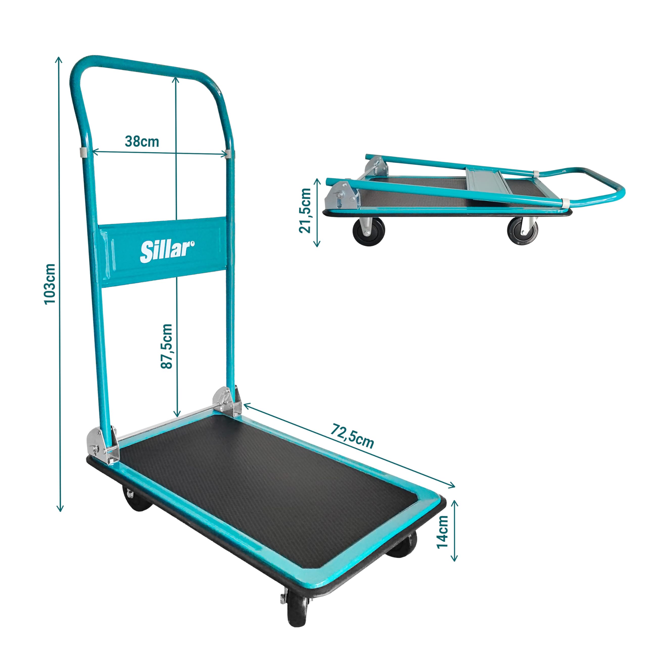 Sillar Plattformwagen, Klappbarer Transportwagen, Tragkraft bis 150 kg, Griff um 20 cm erhöht, PVC-Beschichtung erhöhter Lastgriff, mit 4 Räder