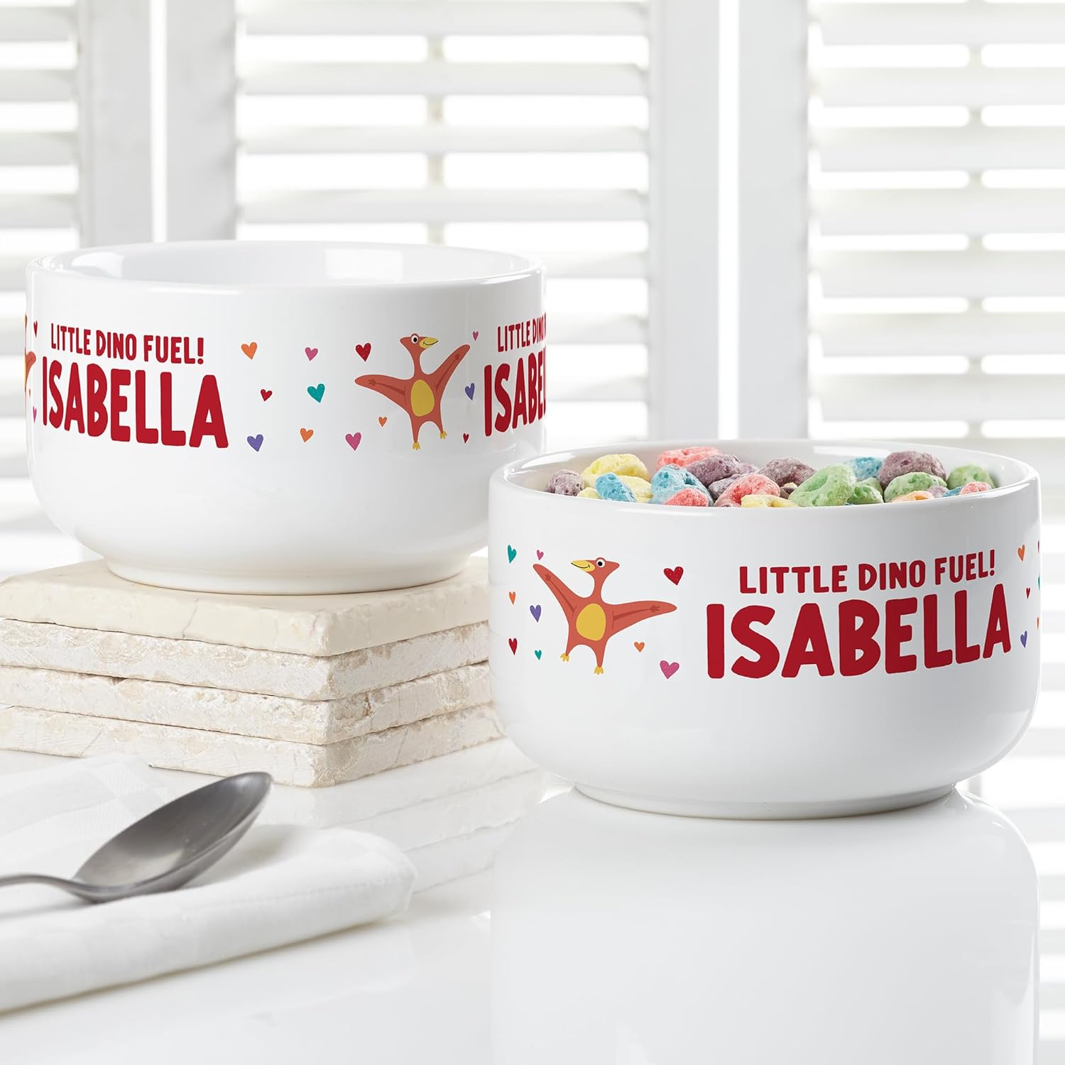 Personalization Universe Dino-Mite Personalized Kids 14 oz Cereal Bowl - Stoneware, Chip-Resistant, Dishwasher & Microwave Safe - Custom Dinosaur Design - For Snacks & Ice Cream