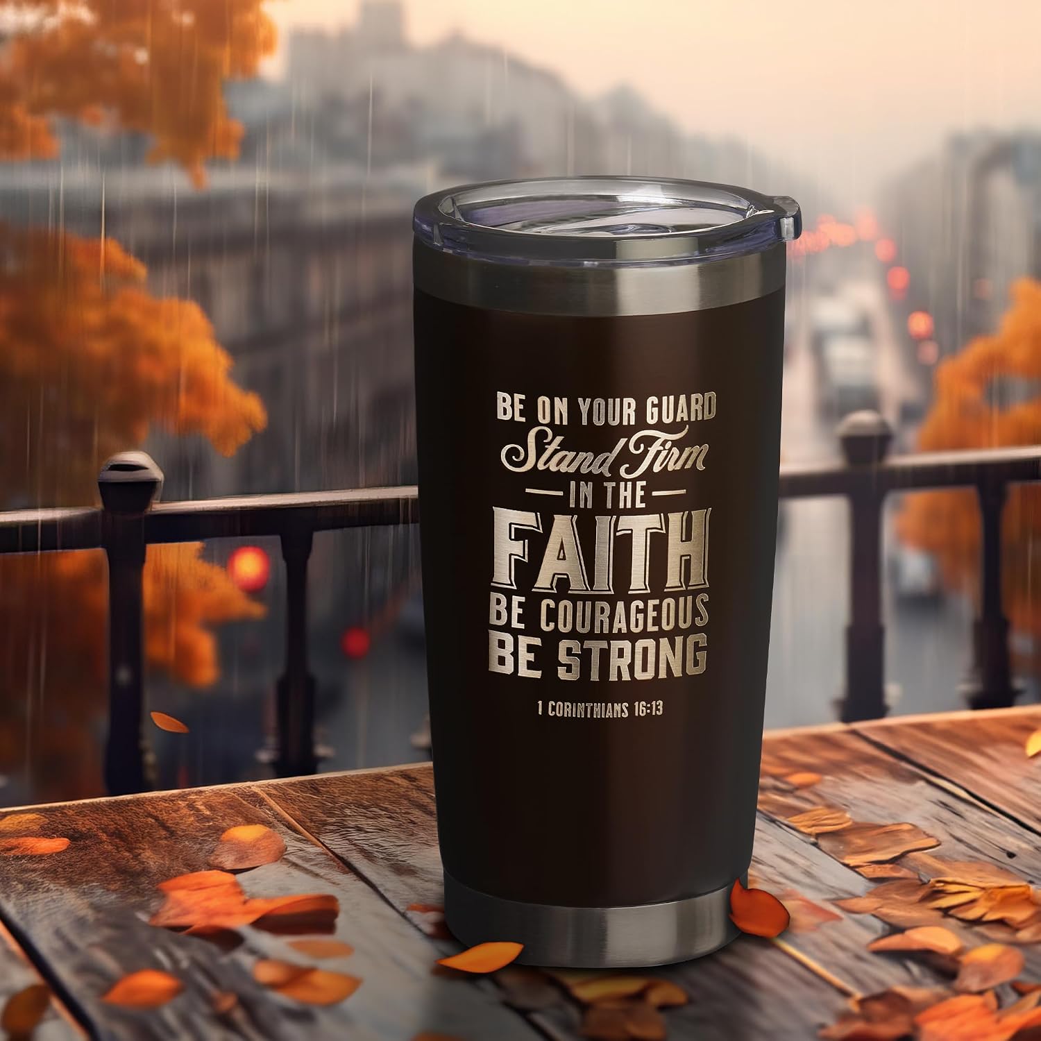 Christian Art Gifts Stainless Steel Double Wall Vacuum Insulated Tumbler 18 oz Brown Travel Mug with Retractable Lid for Women & Men Inspirational Bible Verse - Stand Firm -1 Corinthians 16:13