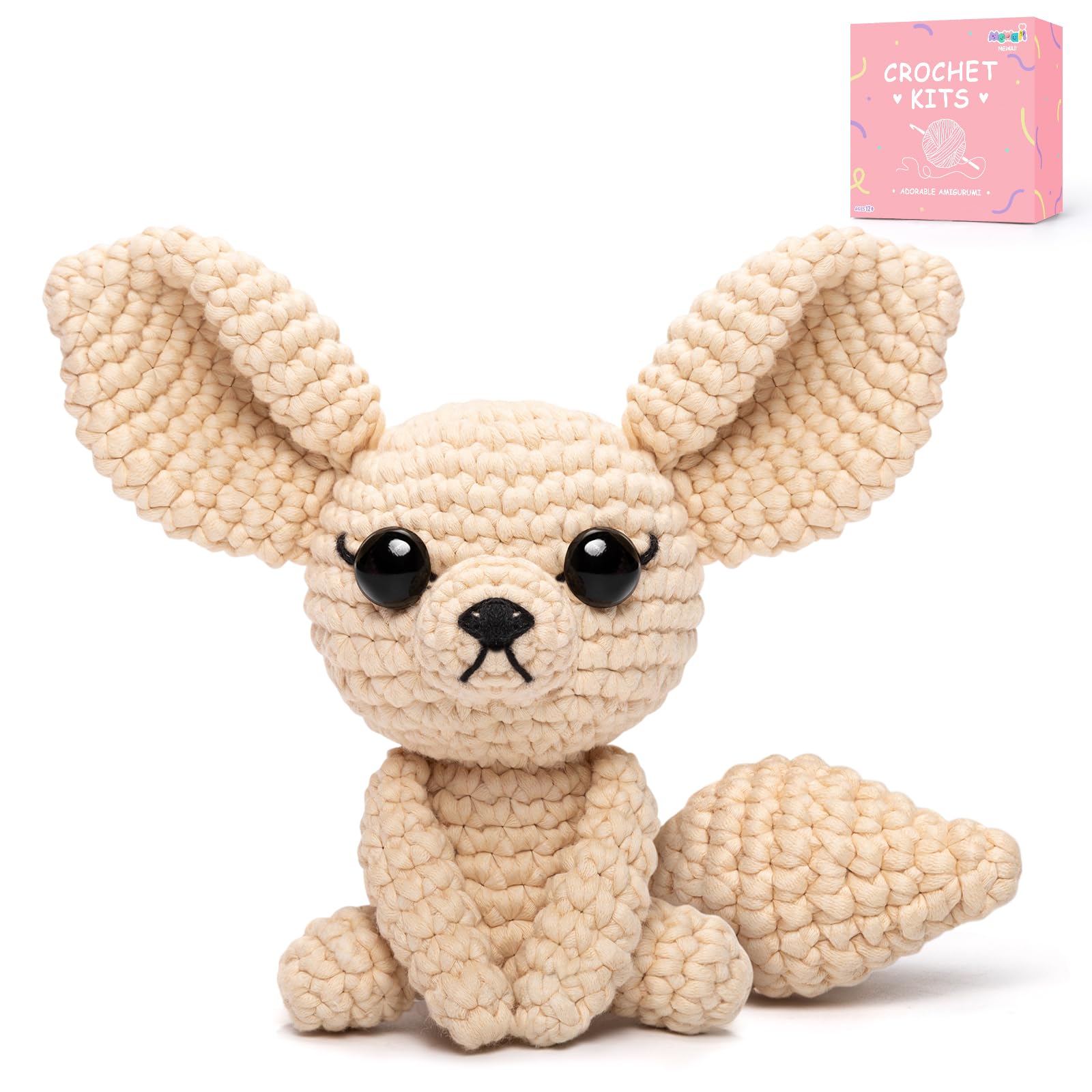 Mewaii Crochet Kit for Beginners Level 1 with 40% Extra Eco-Friendly Pre-Started Easy Yarn, Step-by-Step Video Tutorials for Adults and Kids (Fennec Fox)