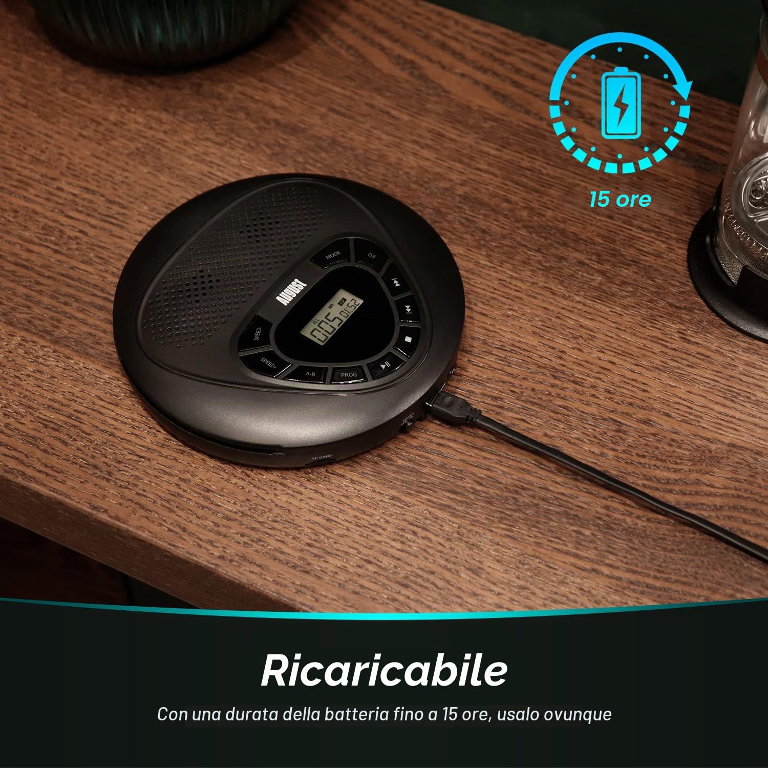 August SE10 Lettore CD Portatile con Altoparlanti, Batteria Ricaricabile, Anti-shock, Aux out, Micro SD, Nero