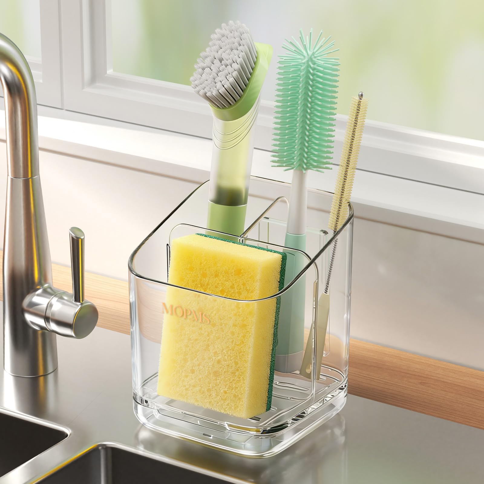 Minimalist Sponge Holder for Kitchen Sink 3 Slots Sink Caddy with Removable Divider and Drip Tray Clear PET