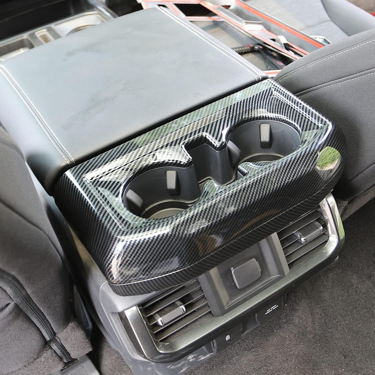 Korlot Carbon Fiber Inner Rear Cup Holder Trim Cover Panel Kit for Ford F150 2021+