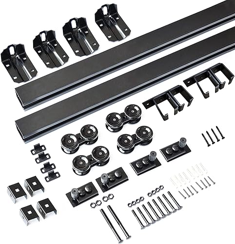 Miniatura 3 de DIYHD Hardware de puerta corrediza de granero de 8 pies para montaje en techo, kit de puerta de granero exterior resistente, sin puerta