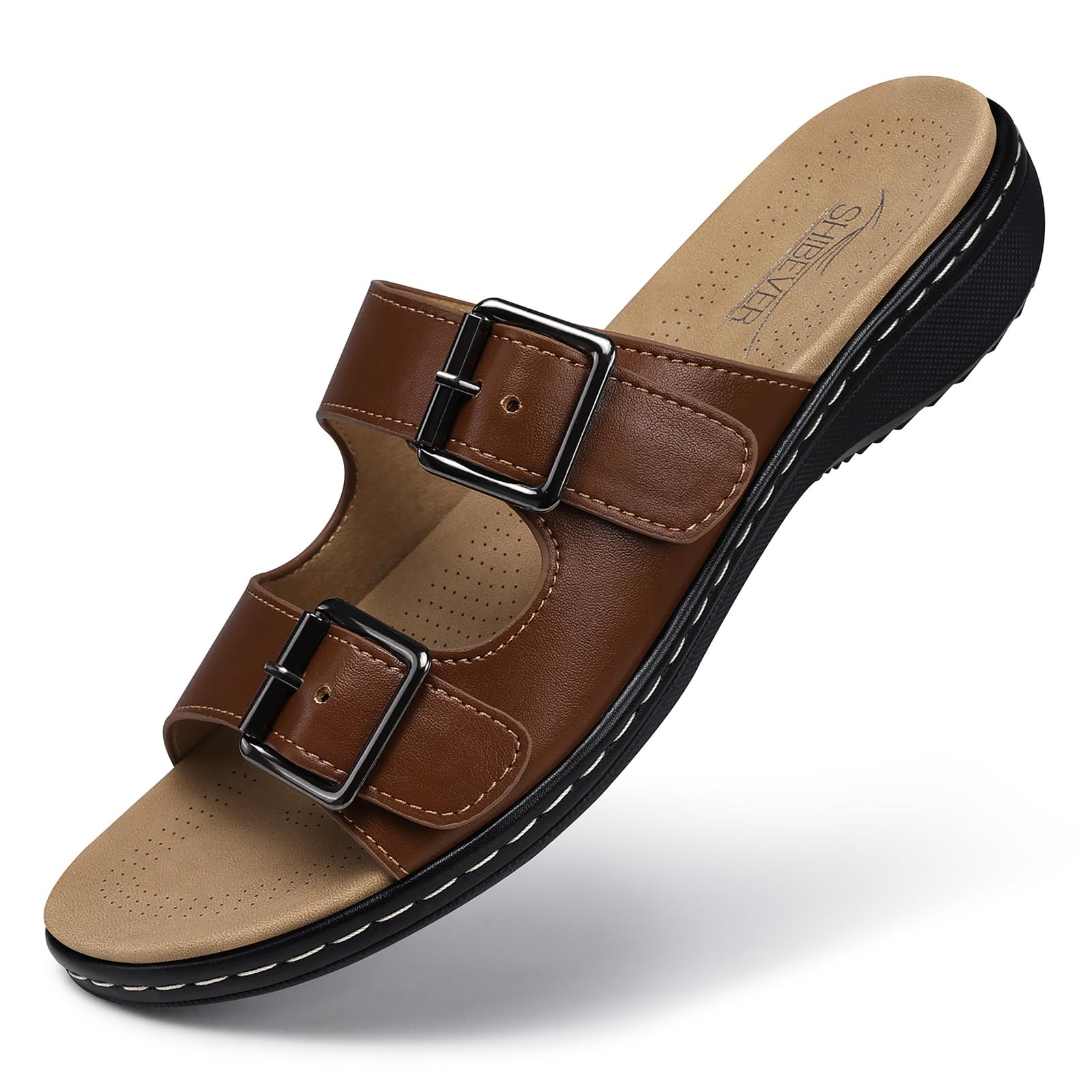 SHIBEVER Women Dressy Flat Sandals: Comfortable Arch Support Sandal | Non Slip Orthopedic Slip On Flats - Adjustable Fit Wide Feet - Summer All Day Standing Walking Sandal