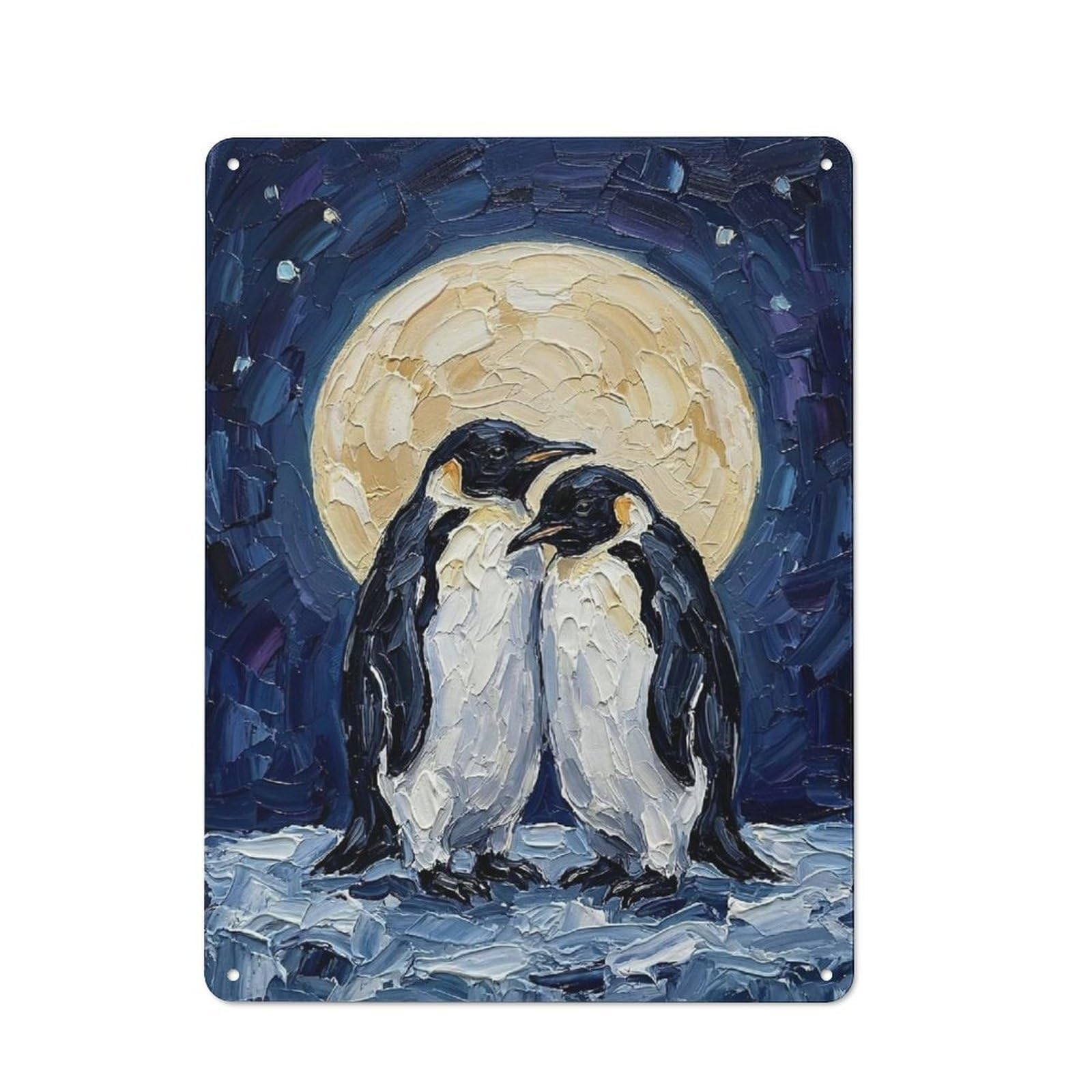 Junmoney Style-5 Penguins Under The Full Moon Clean Industrial Metal Wall Decor 40X30cm, Decorative Metal Plaque For Workspace, Cafe, Hallway Or Garage