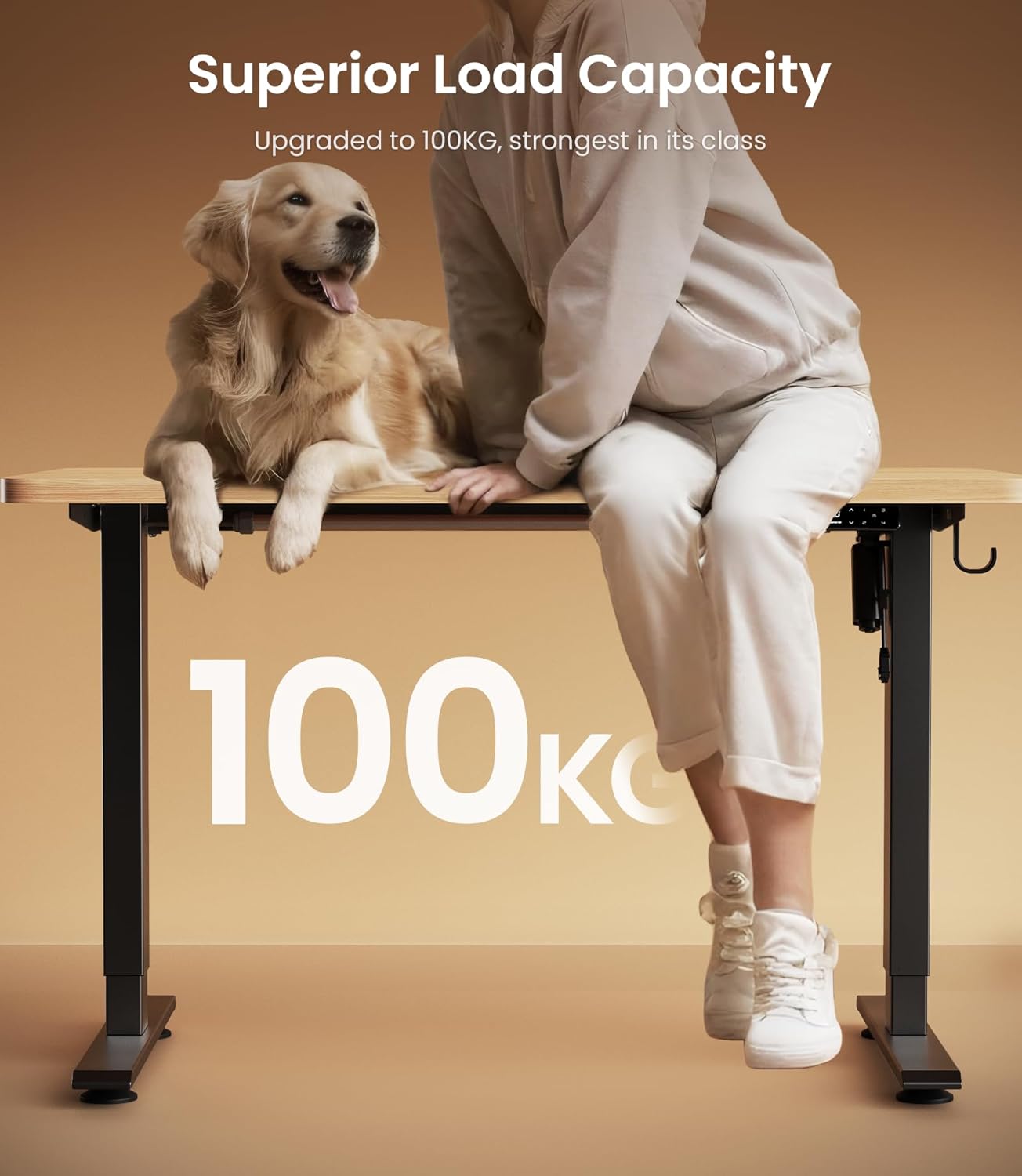 Image showing a person and a dog on a MAIDeSITe desk, with '100KG' text, indicating superior load capacity.