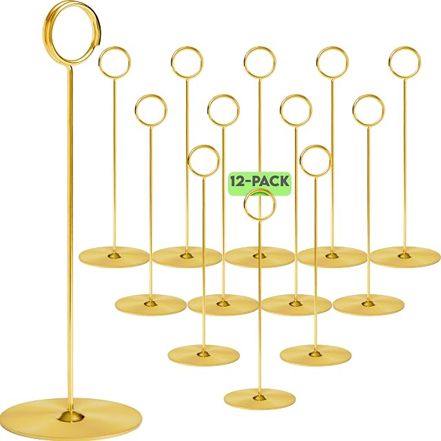 Place Card Holder, 8 in Tall, 12 pack, Gold, Table Cardholder Tabletop Menu Holder Harp-Clip Number Holder Recipe Holder Reserved Card Holder, For Restaurants, Weddings, & Banquets