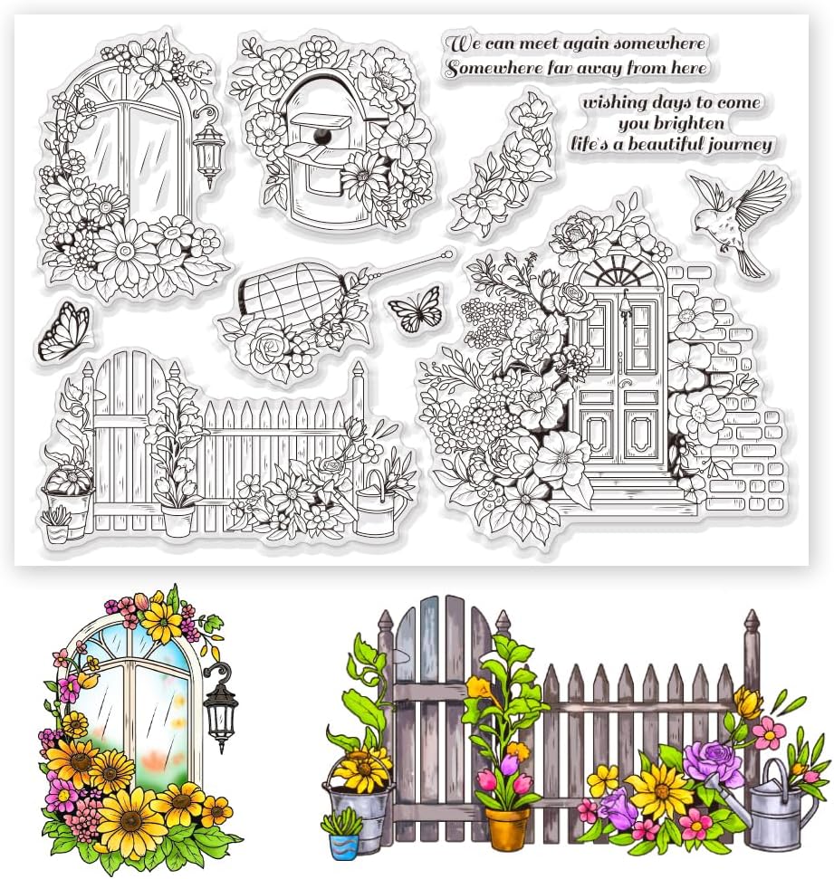 BEUNITONEDoor Fence Landscape Clear Stamps Large Size Flower Bird Cage Silicone Stamp Garden Blooming Scenery Stamps for Card Making DIY Scrapbooking Photo Album Journal Decoration
